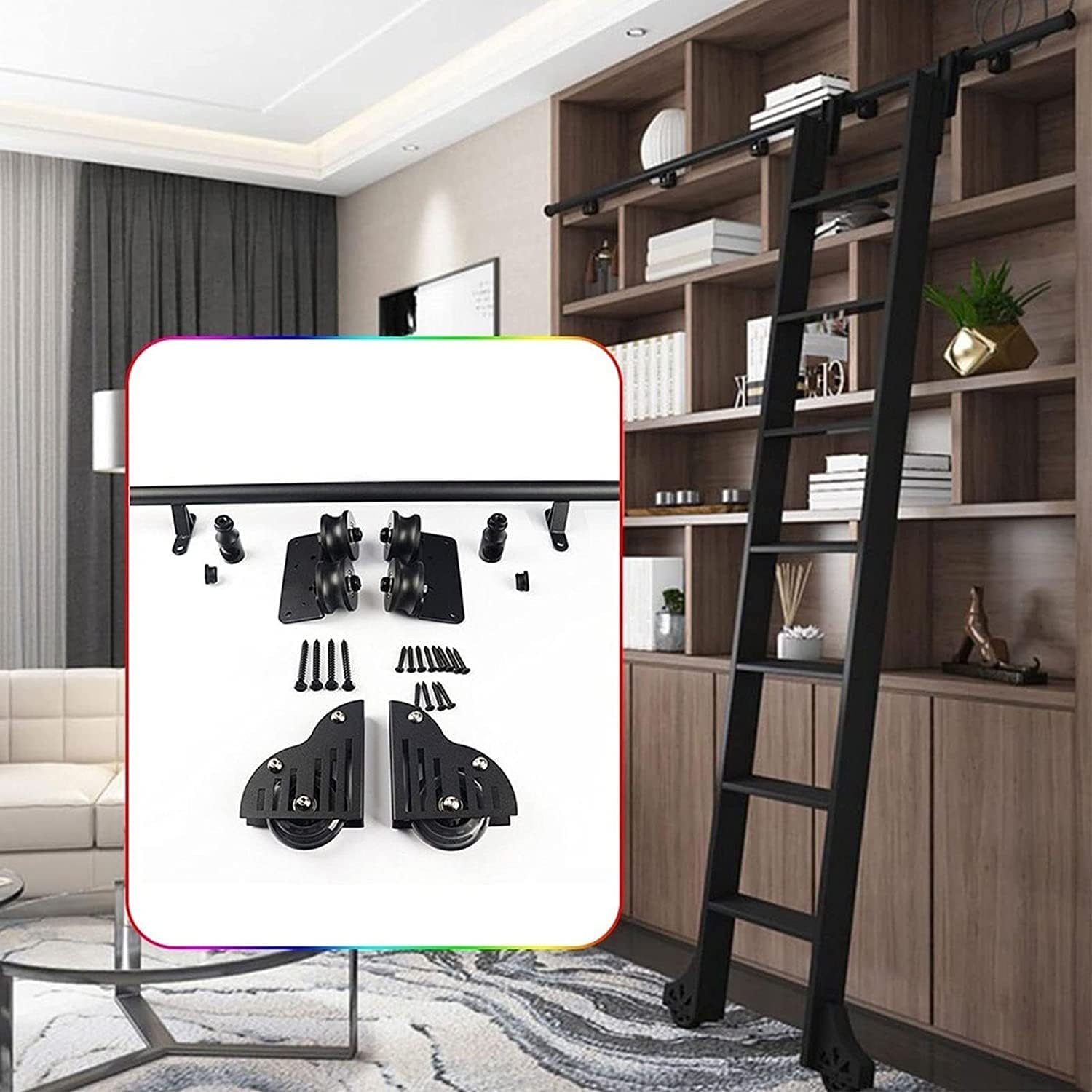 Sliding Hardware Rolling Library Kit(No Ladder) Steel Round Tube Mobile Ladder Track with Floor Roller Wheels,for Home/Indoor/Loft,Black (Size : 13ft/400cm Track kit)