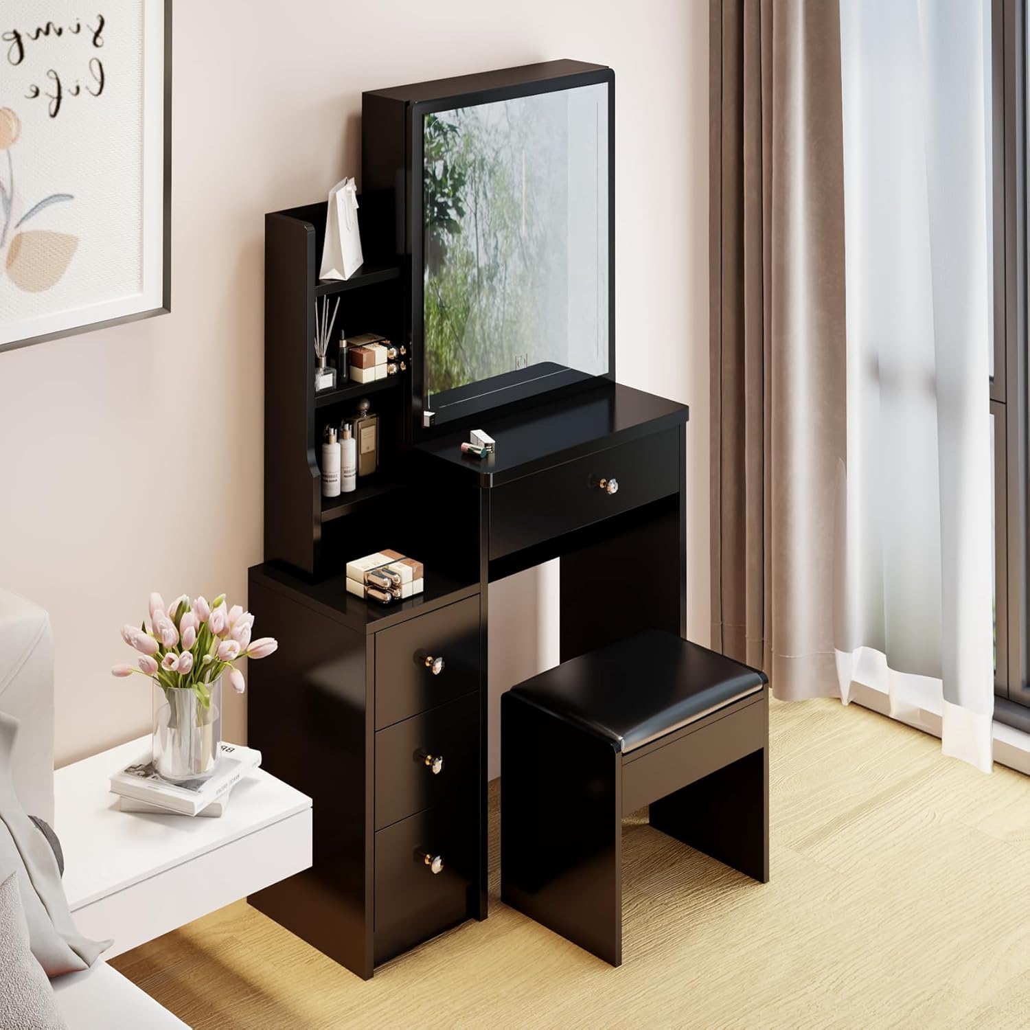 29.2" W Small Vanity Desk with Sliding Mirror, Black Makeup Vanity Set with 4 Drawers and 5 Shelves, Dressing Table with Cushion Stool for Bedroom, Girls and Women