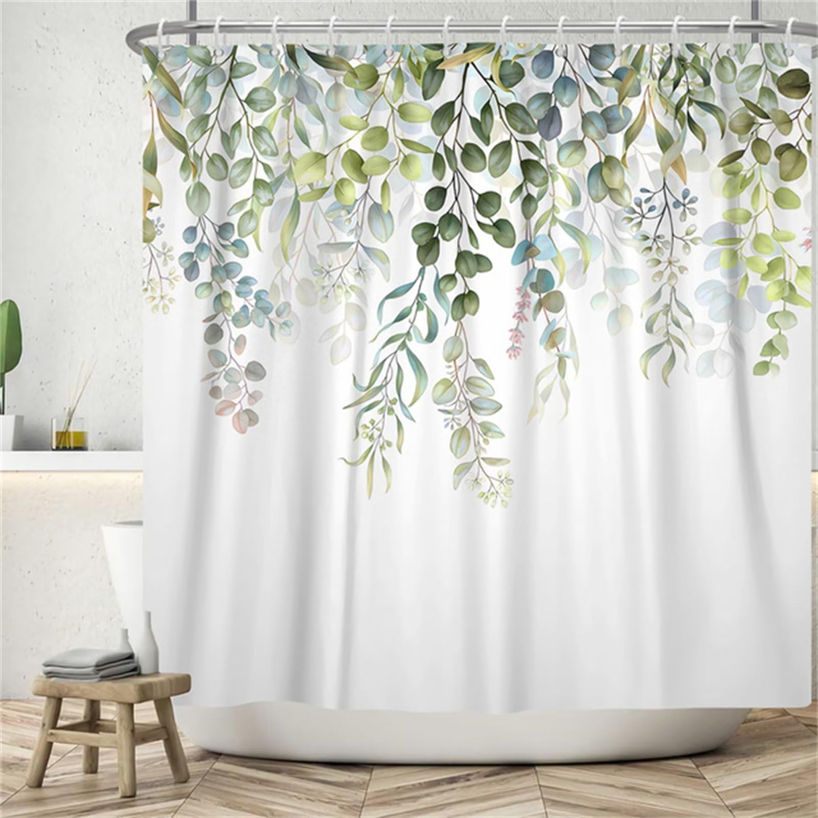 Tenda Doccia Antimuffa Tenda per Doccia 200x200cm Tende Doccia Tessuto Impermeabile Tenda Vasca da Bagno con 12 Ganci Polyester Lavabile, Tenda Bagno con Anelli per Famiglia (Verde Stile Nordico) Z394