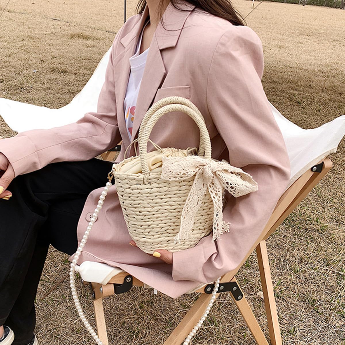 Abaodam Borsa Tracolla Donna in Paglia Beige con Decorazioni a Sfera, Borsa da Spiaggia per Party e Shopping, Funzionale per Storage e Design Raffinato
