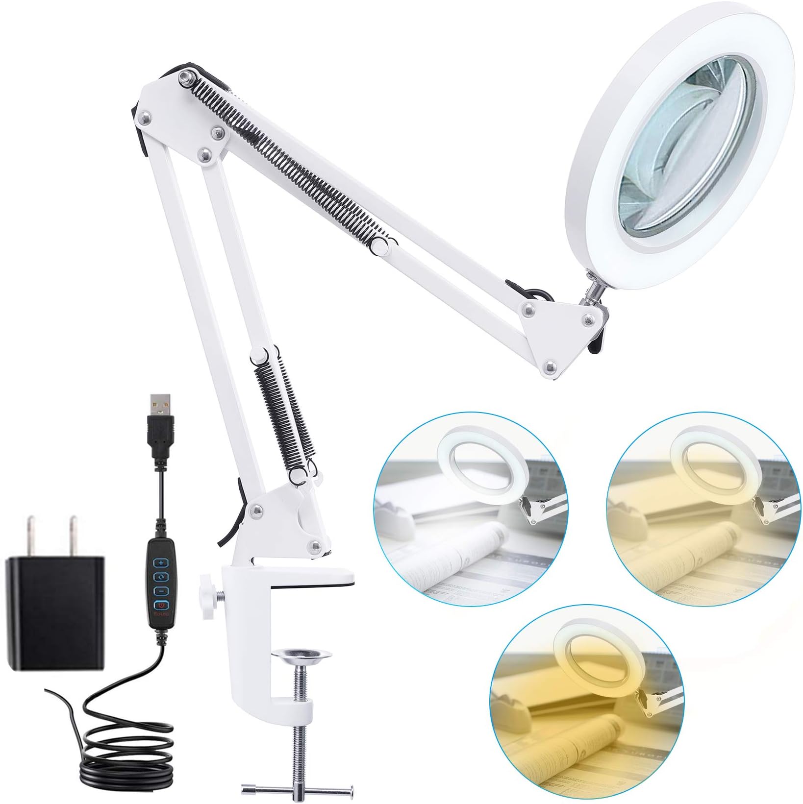 LED Magnifying Lamp with Clamp, 8-Diopter, 10X Real Glass Lens, 3 Color Modes and Stepless Dimmable Magnifier Desk Lamp,Adjustable Swivel Arm Lighted Magnifying Glass for Repair Craft Close Work-White