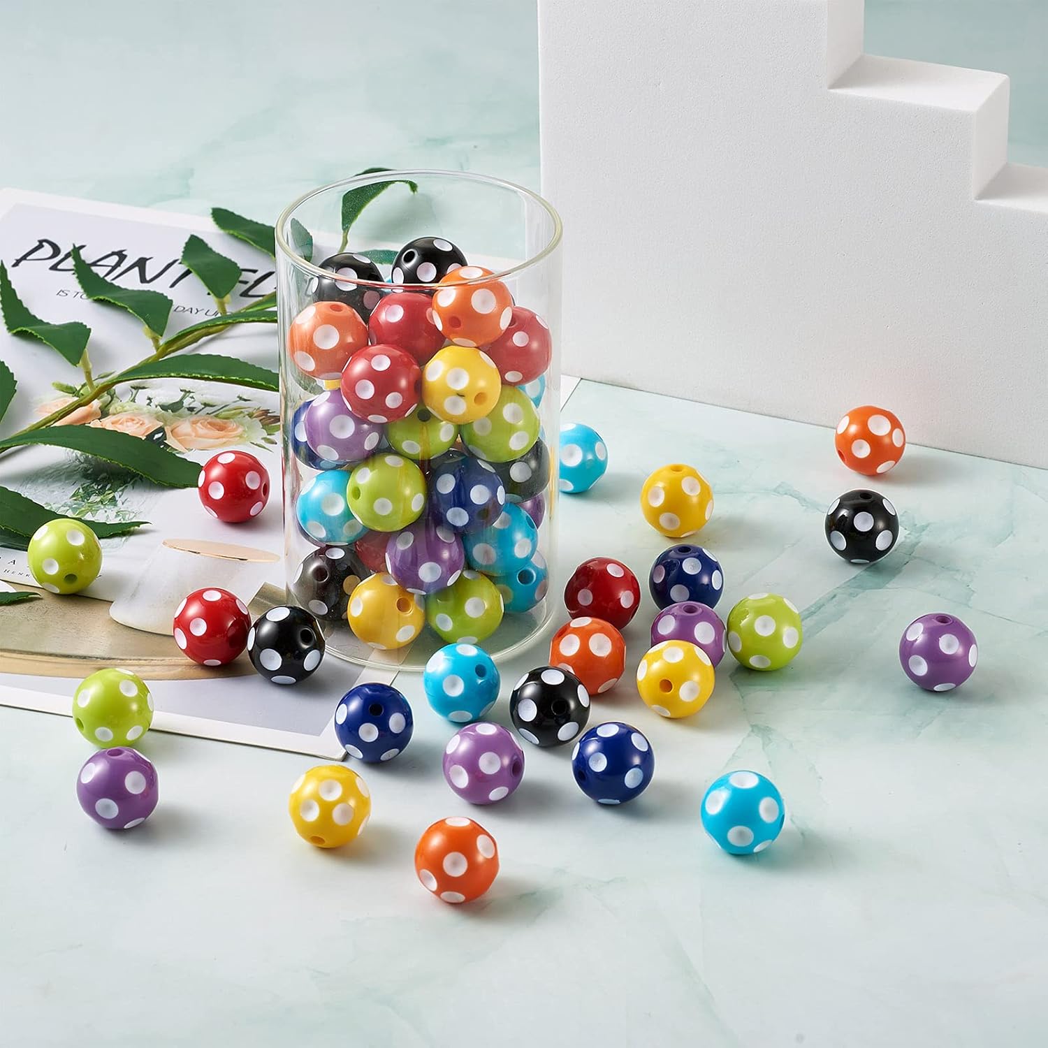 Chunky Bubblegum Bead 18mm Cheriswelry 80pcs Resin Beads Round Polka Dot Pattern Loose Beads Gumball Spacer Bead for DIY Crafts Jewelry Bracelet Necklace Making