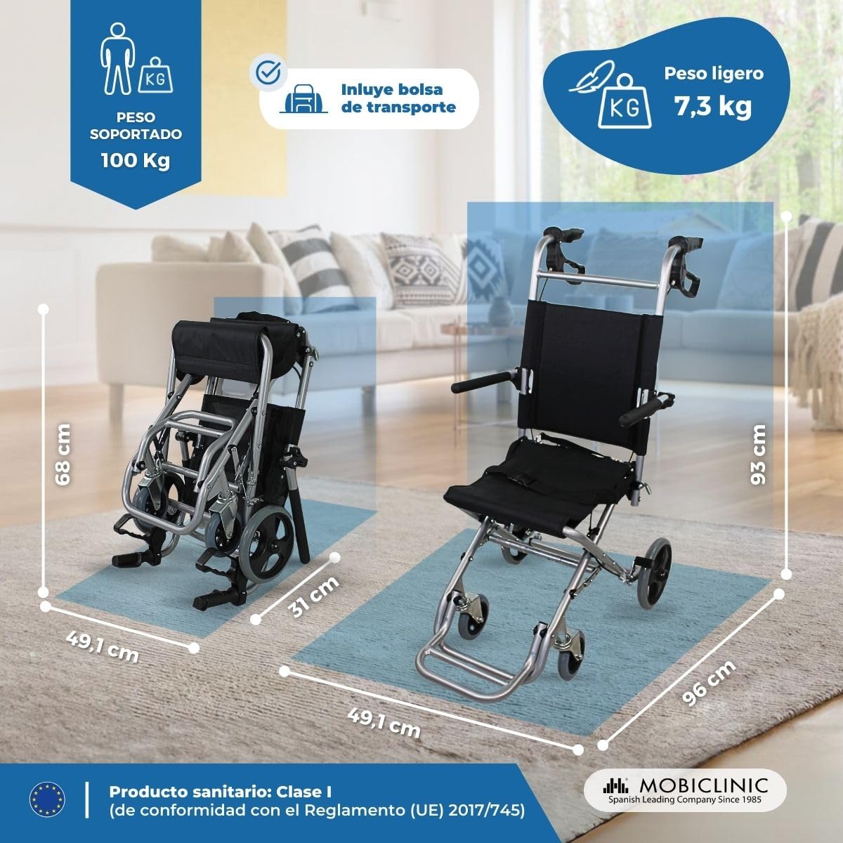Mobiclinic, Silla de ruedas de tránsito, Neptuno, Aluminio, Plegable, Freno en manetas, Marca Española, Reposapiés plegables, a, Cinturón seguridad, Ergonómica, 93x 49.1x 96 cm