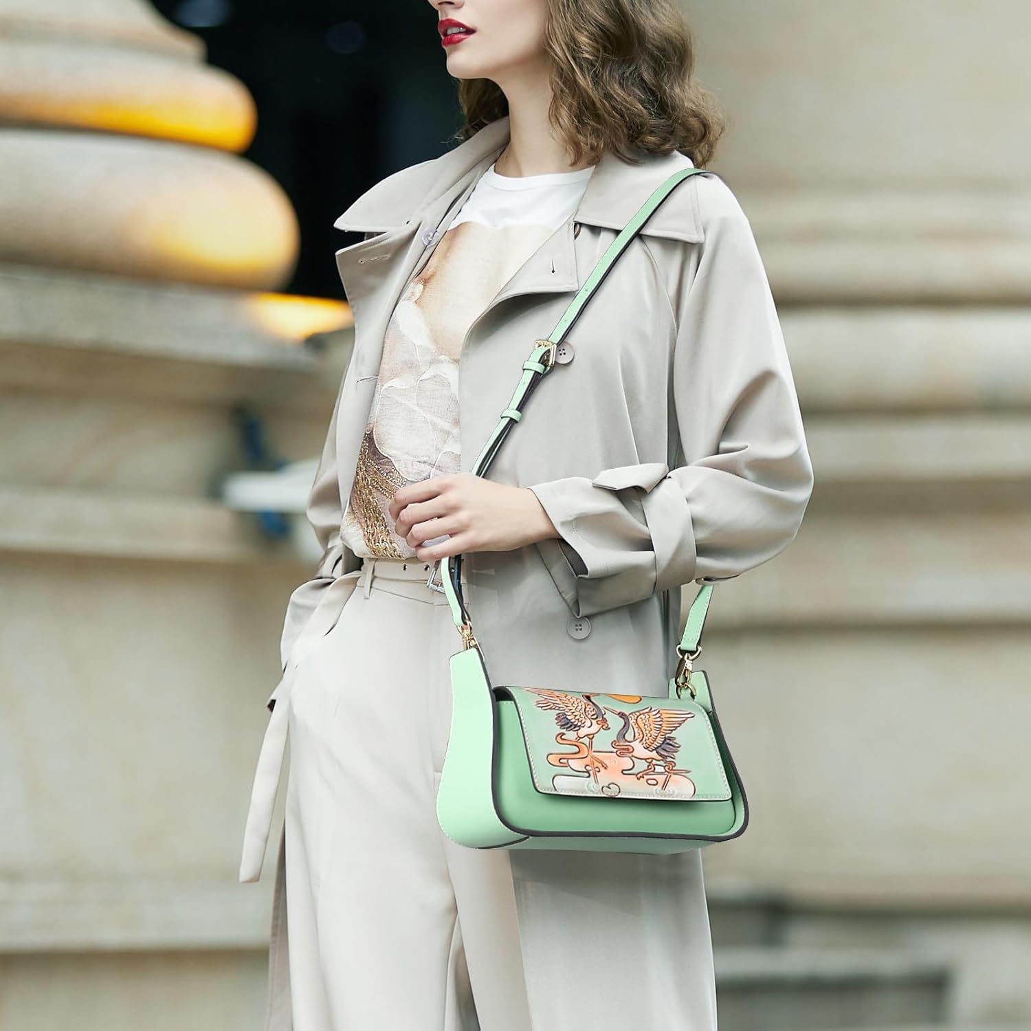 Genuine Leather Shoulder Bag for Women Hand Carved Painted Leather Clutch Saddle Bag Cute Hob - Image 7