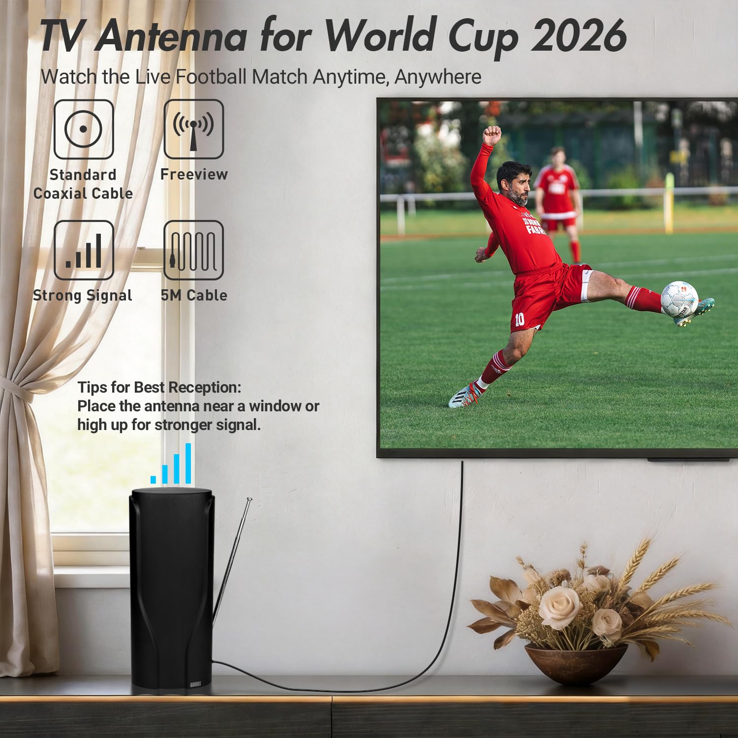 August DTA600 - Antenne TV Intérieur Puissante TNT HD - France Belgique, Portable, Télescopique, 360 Haut Gain DVB-T / T2 UHF VHF, Télévision Numérique Digital - 5m de câble Maison Universel - Noir