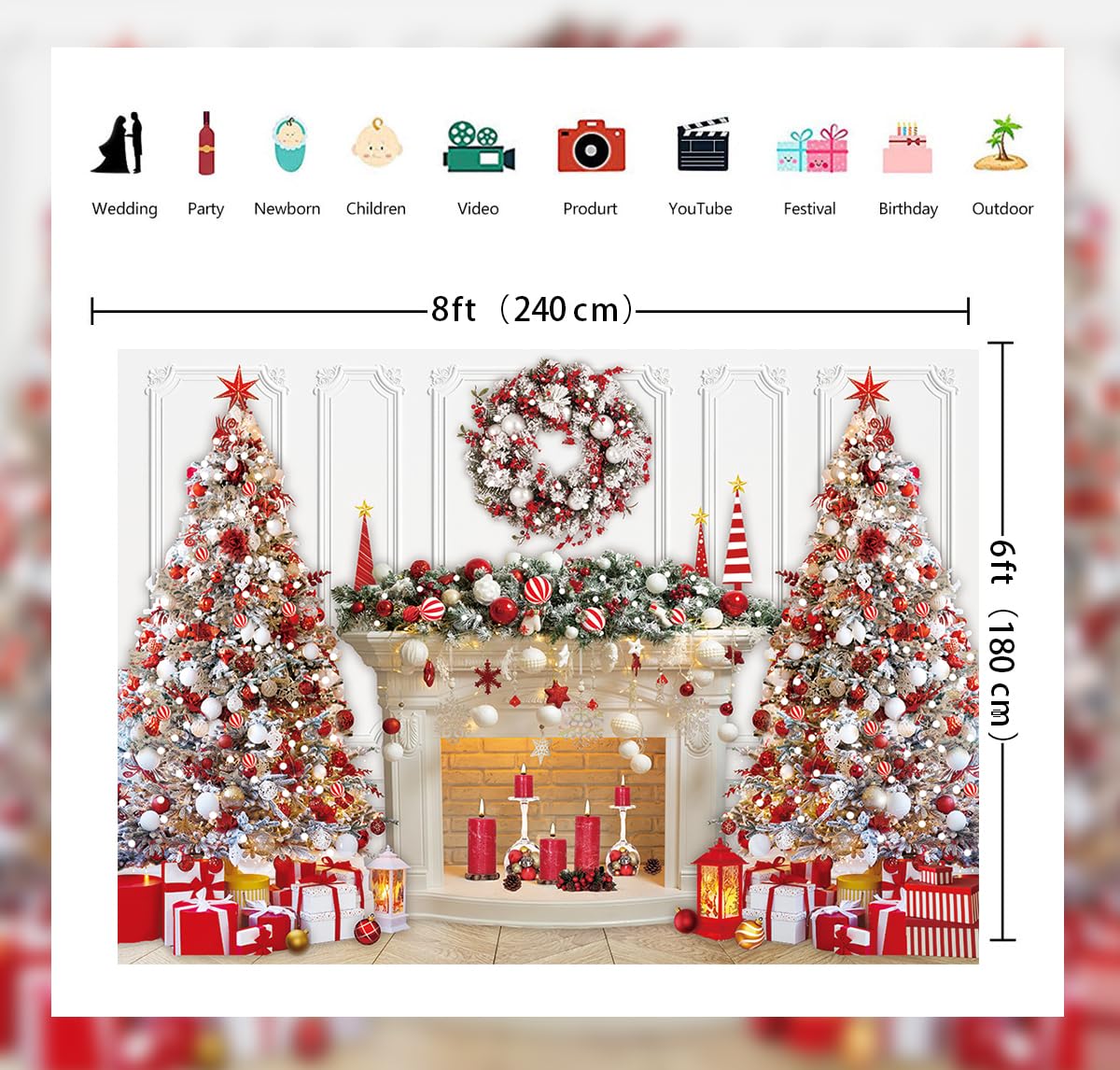 Toile de fond pour cheminée de Noël rouge et blanc - Guirlande de sapin de Noël pour photographie - Décoration de Noël d'hiver pour la famille - Bannière de fête pour enfants (2,4 x 1,8 m)