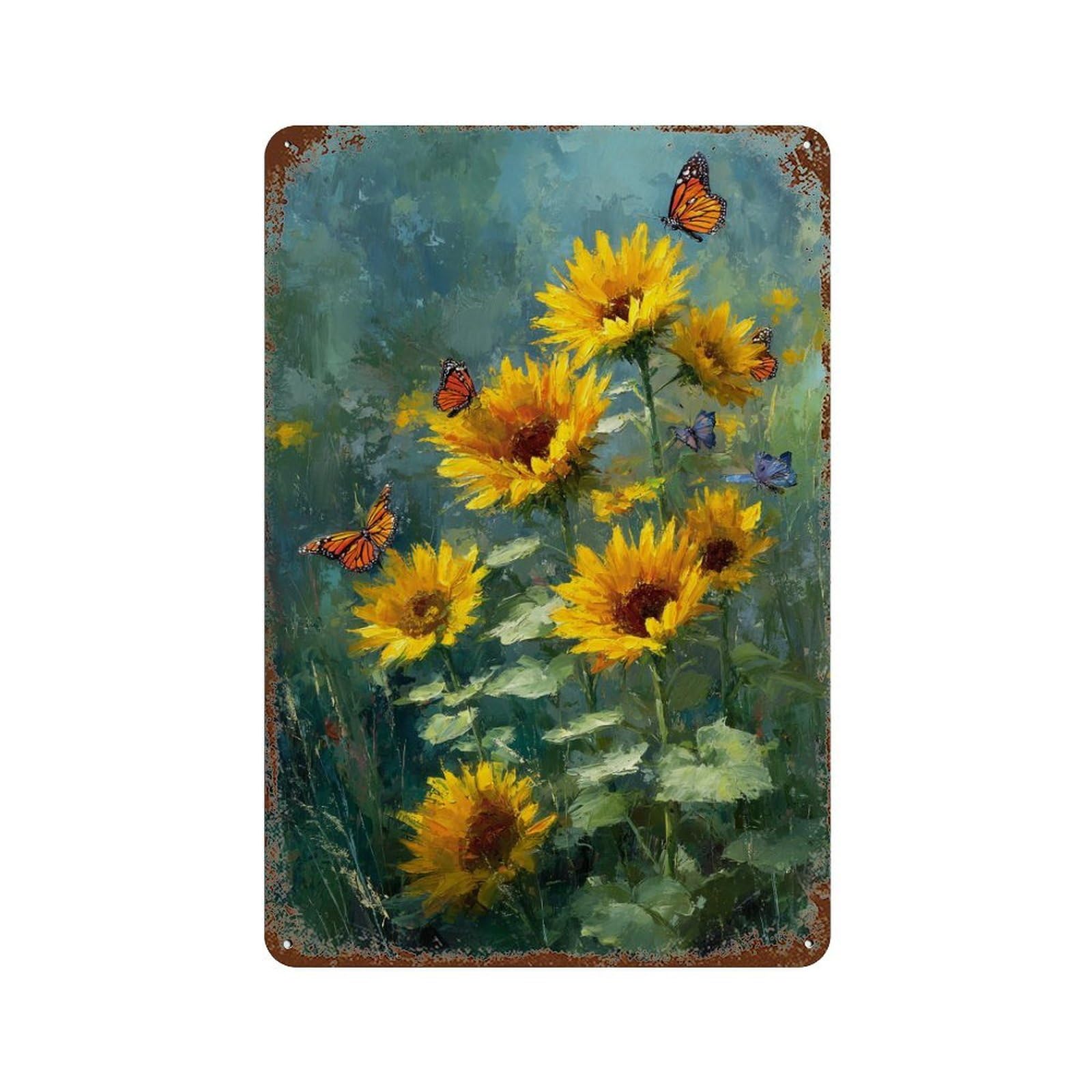 Sunflower Field with Butterflies-2 Distressed Metal Wall Sign 11.8"x7.9", for Farmhouse, Kitchen And Entryway Decor, Rustic Home Decor