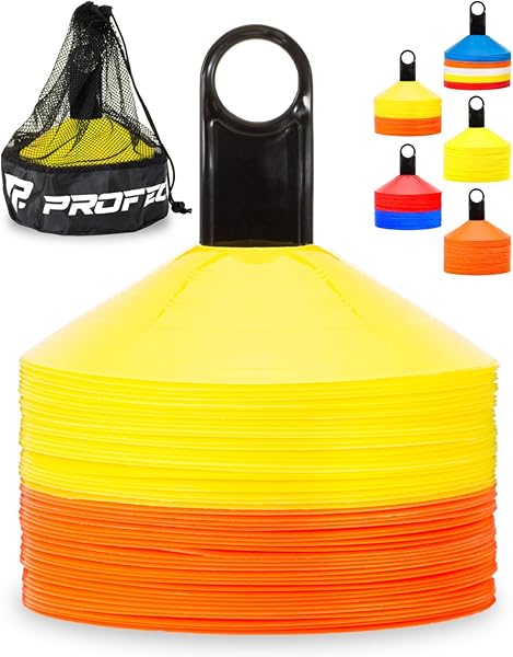Pro Disc Cones (Set of 50) - Agility Soccer Cones with Carry Bag and Holder for Sports Training, Football, Basketball, Coaching, Practice Equipment, Kids - Includes 15 Best Cone Drills Book