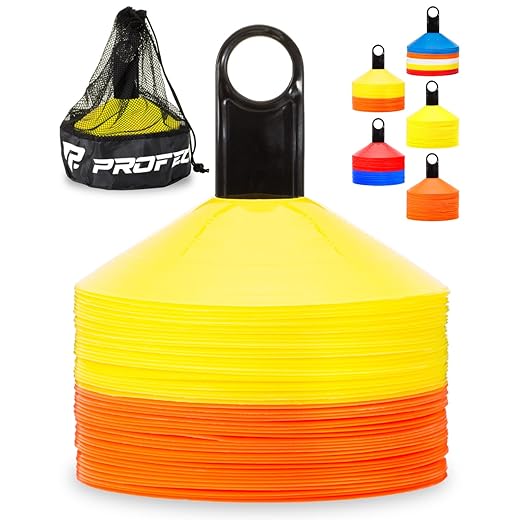 Pro Disc Cones (Set of 50) - Agility Soccer Cones with Carry Bag and Holder for Sports Training, Football, Basketball, Coaching, Practice Equipment, Kids - Includes 15 Best Cone Drills Book