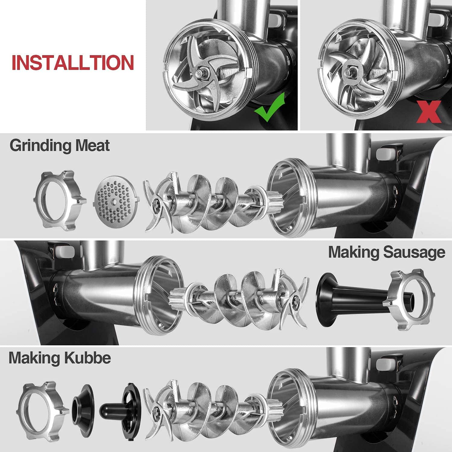 Diagrams showing correct assembly for meat grinding, sausage making, and kubbe making