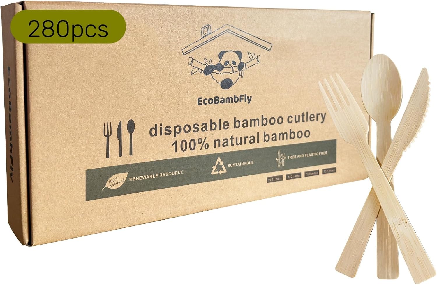Disposable Bamboo Cutlery (140forks 70spoons 70 knives) Reusable 100% Compostable Biodegradable Sustainable flatware Wooden Plastic Alternatives Durable utensils Parties Picnics Weddings 280