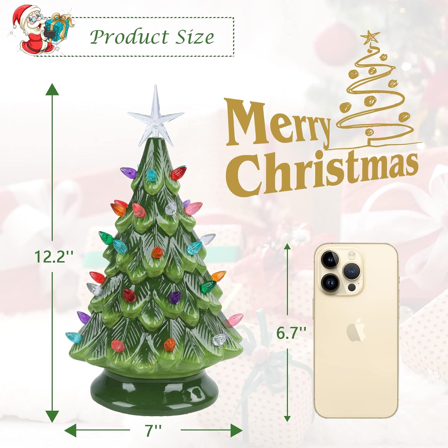 VCUTEKA Small Ceramic Christmas Tree Hand-Painted Vintage Tabletop Green Christmas Tree Holiday Decoration with Multi-Color Lights 12.2 inch - Image 3