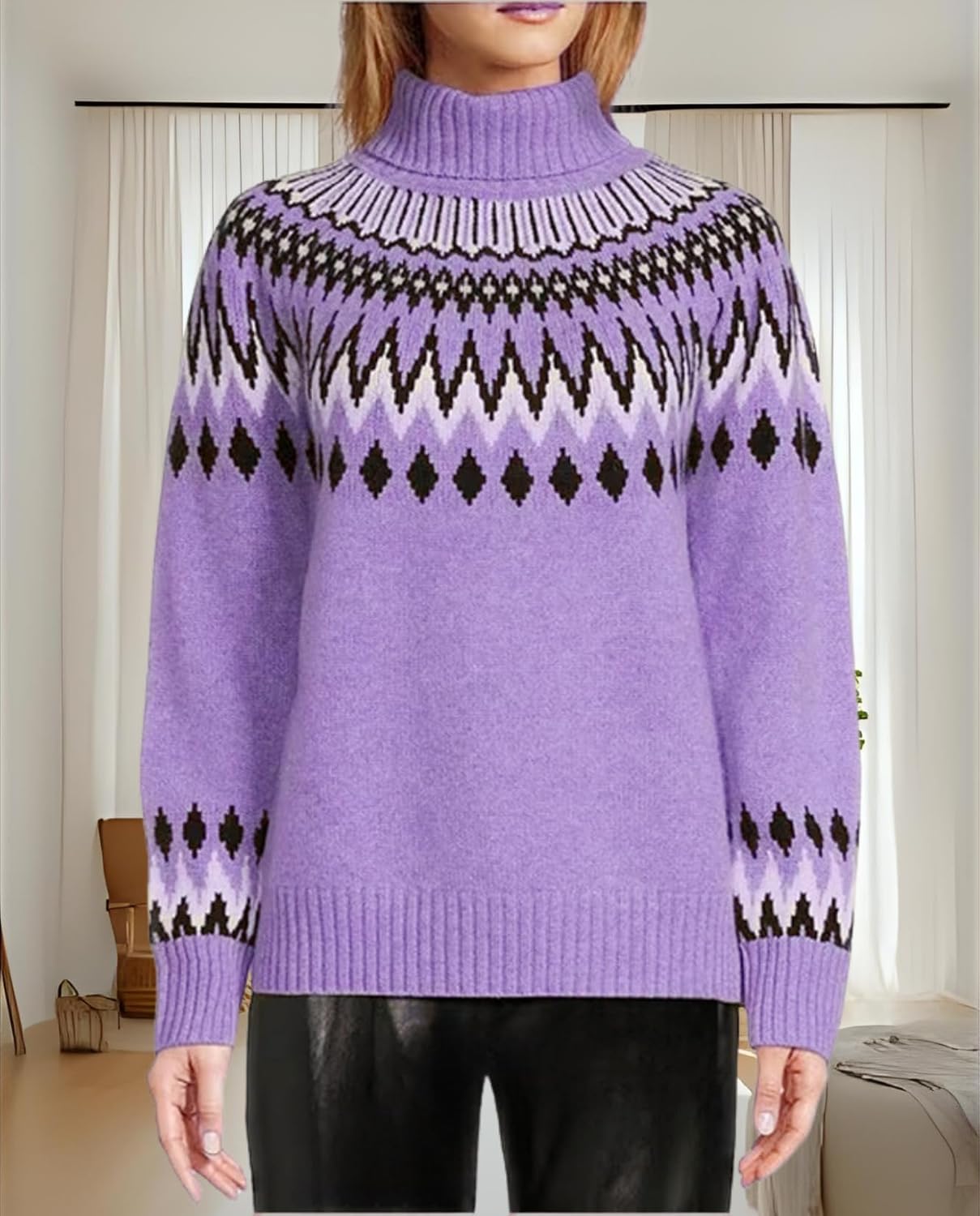 Women's Geometric Print Turtleneck Sweater Winter Warm Long Sleeve Casual Top for Vacation and Daily Wear - Image 2