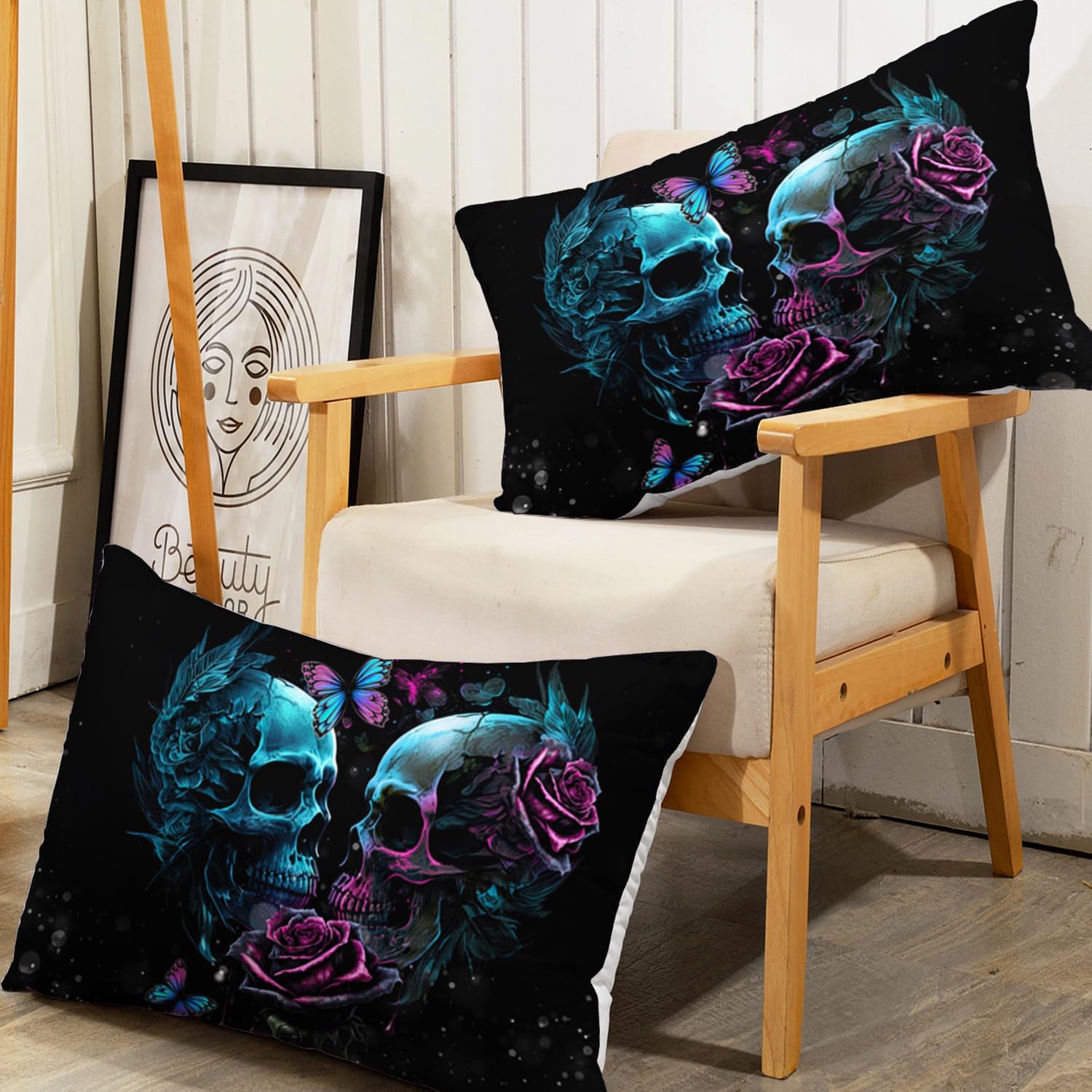 AILONEN Sugar Skull Fitted Sheet Set Queen Size,Romantic Skull Couple Rose Bed Sheet Set,Flower Skeleton Bone Sheet Set 3 Pieces, 1 Fitted Sheet with 2 Pillowcases(No Flat Sheet)