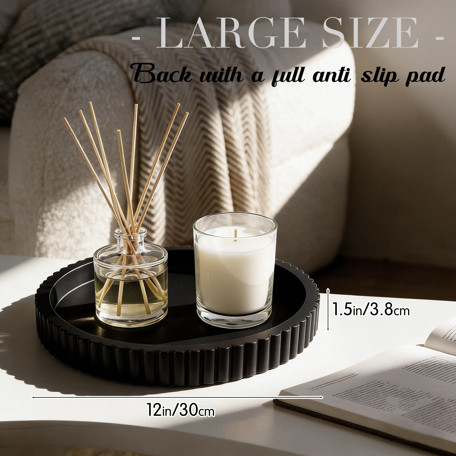 Yalikop Vassoio decorativo rotondo in cemento per la decorazione del tavolino da caffè 30,5 cm nero centrotavola decorativo ottomano vassoio per servire decorazione domestica Accent Bandejas