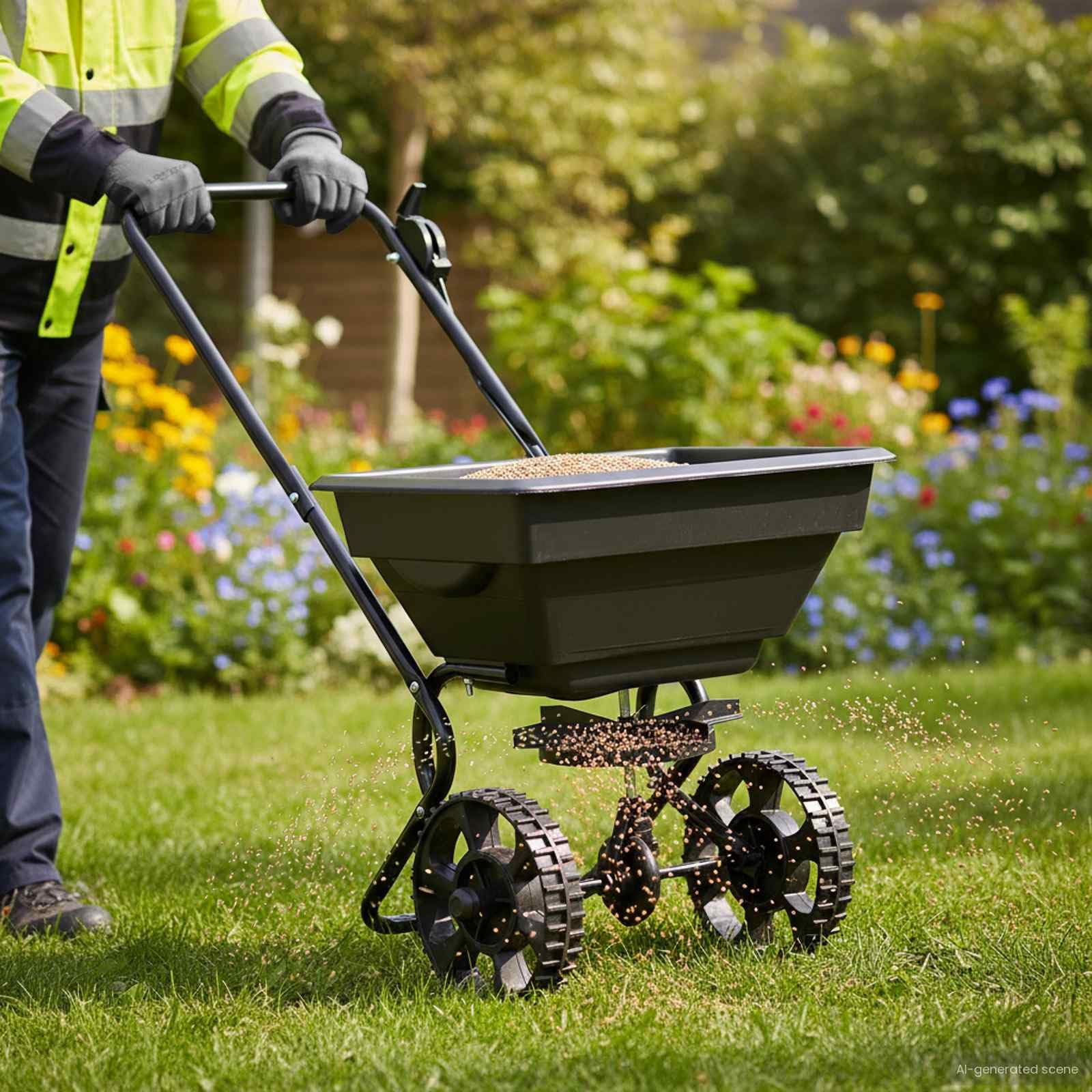 Mangloder Schwarzer Streuwagen aus PVC und Stahl, 82 x 46 x 75 cm, handstreuer, düngerstreuer, universalstreuer für rasenpflege, säen, ausbringen von saat und granulat im garten