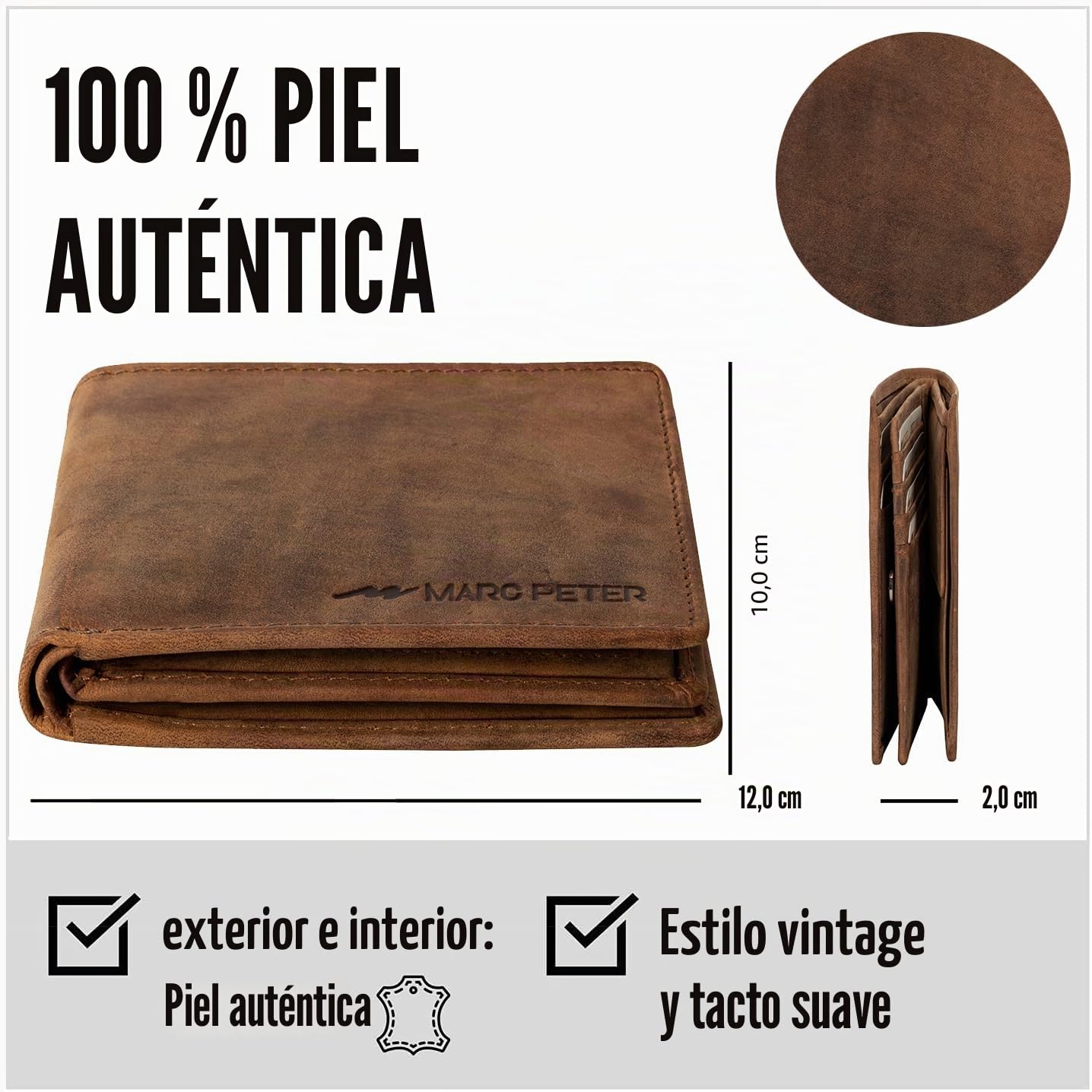 Marc Peter® Hanover - Cartera de piel auténtica para hombre con protección RFID, 10 compartimentos, Bronceado vintage con compartimento Airtag, MIT AIRTAG-FACH, Clásico