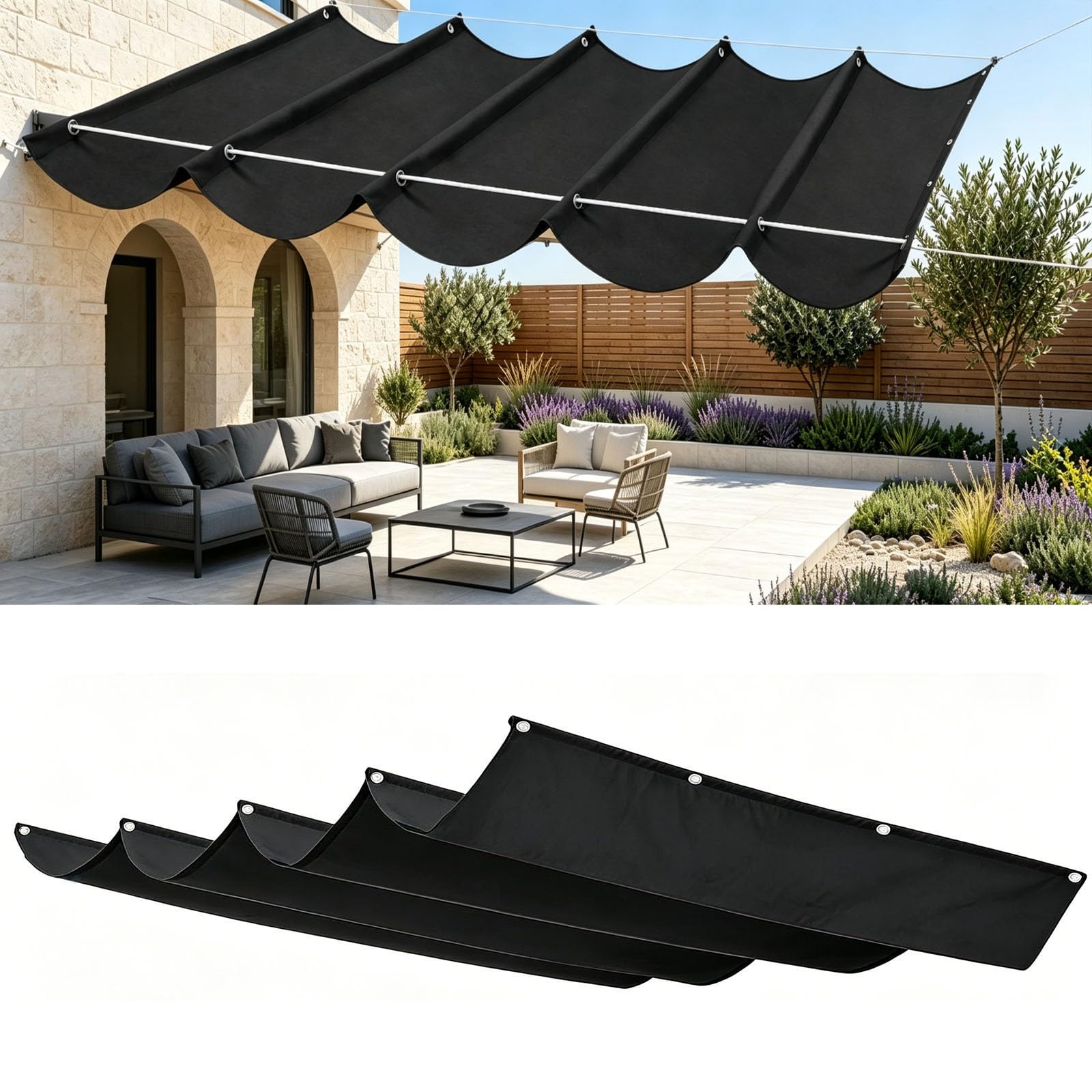Toldo vela ondulada retráctil negro 0.5x1.6m con protección UV 98% para pérgola