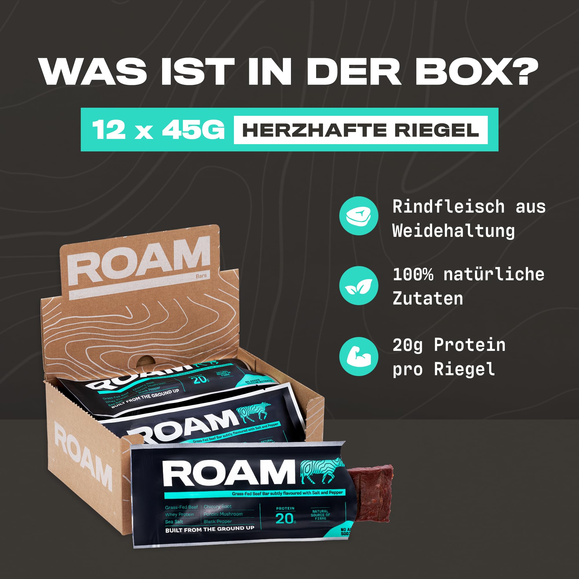 ROAM Low Carb Proteinriegel aus Rindfleisch – Salt, Pepper & Steinpilz – High Protein Energieriegel, Keto Snack & Mahlzeitenersatz – 12 x 45g – Glutenfrei, Gesunder Fitness Snack