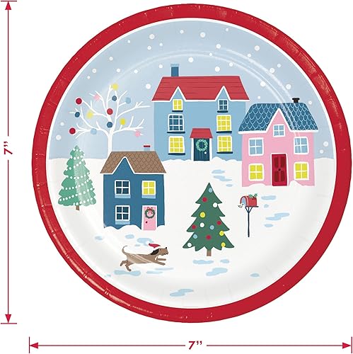Miniatura 3 de Suministros para fiestas navideñas platos de postre de papel de aldea de Navidad de invierno, servilletas y tenedores (sirve 16)