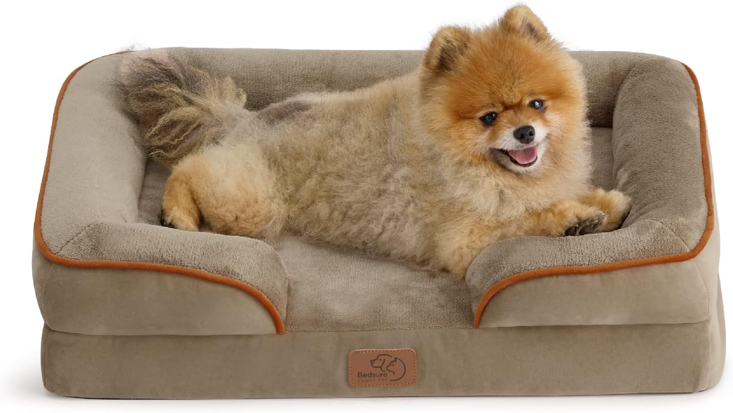 bedsure small orthopedic dog bed - washable bolster dog sofa beds for small dogs, supportive foam pet couch bed with removable washable cover, waterproof lining and nonskid bottom couch, hazel 24.0"l x 18.0"w x 6.0"th hazel