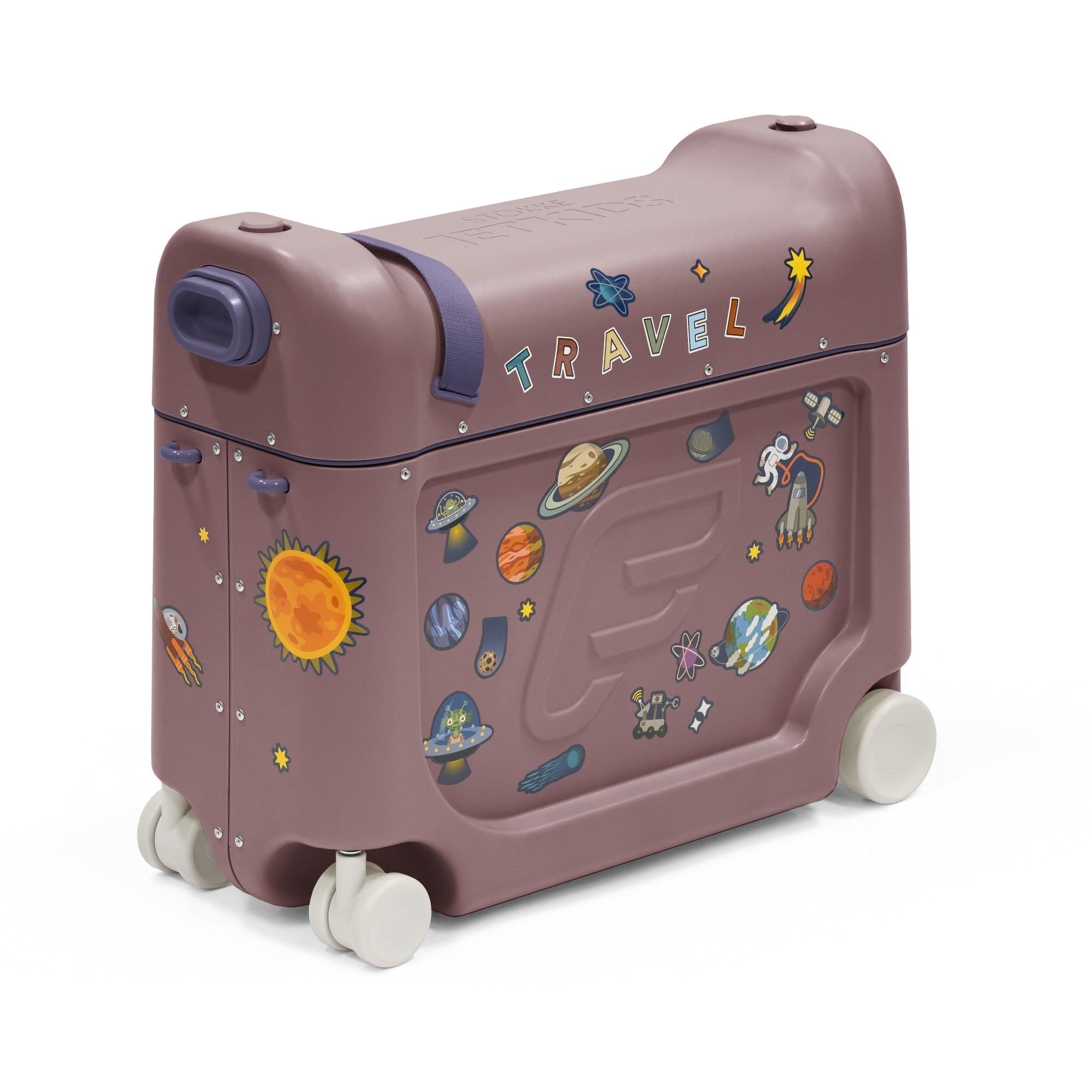 Stokke JetKids BedBox, Hazy Lilac - Ride-On Suitcase for Kids 2-7 Years Old (up to 77 lbs) - Transforms Into Bed - Includes Mattress, Decorative Stickers & Adjustable Carrying Strap