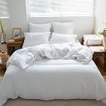 Simple et opulence 100% Ensemble de housses de couettes en lin 3pcs Style de base en lin naturel français lavé en pierre de couleur solide literie avec fermeture bouton (Reine, Bleu poussiéreux)