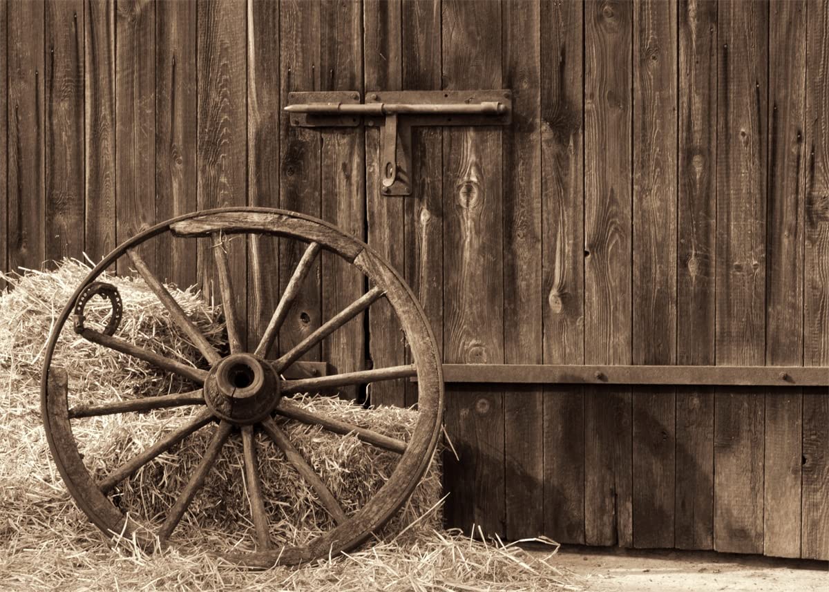 BELECO 7x5ft Fabric Cowboys Photo Backdrop Barn Door Old Barn with Antique Wheel Hay Bales Haystack Country Theme Photography Backdrop Western Party