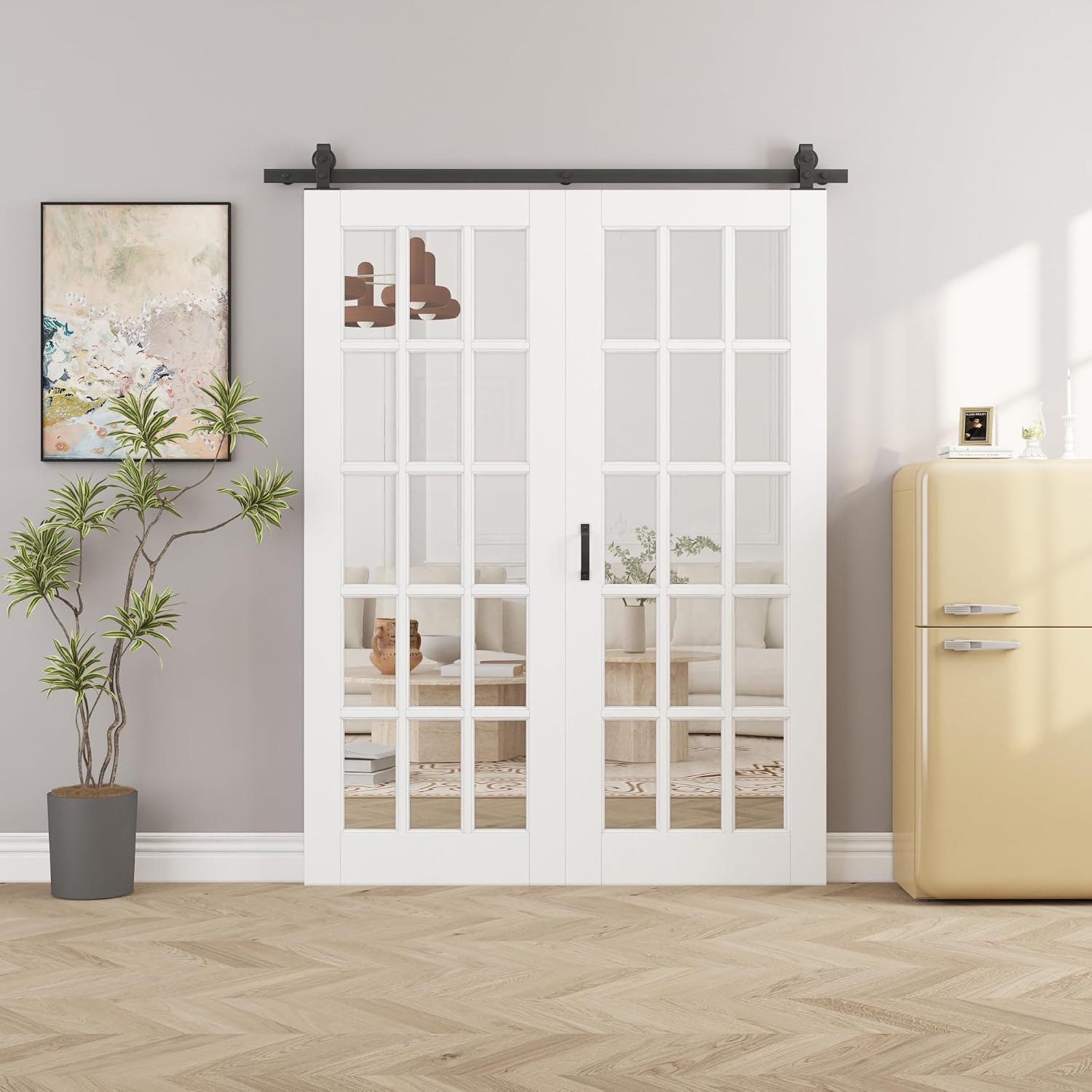 60" x 80" Pre-Assambled 15-Lites Clear Glass Bifold Barn Door with 64" Track Hardware Kit Included, MDF Panel Bi Fold Barn Doors, Sliding Closet Door with Excellent Sound Insolution, Easy to Install