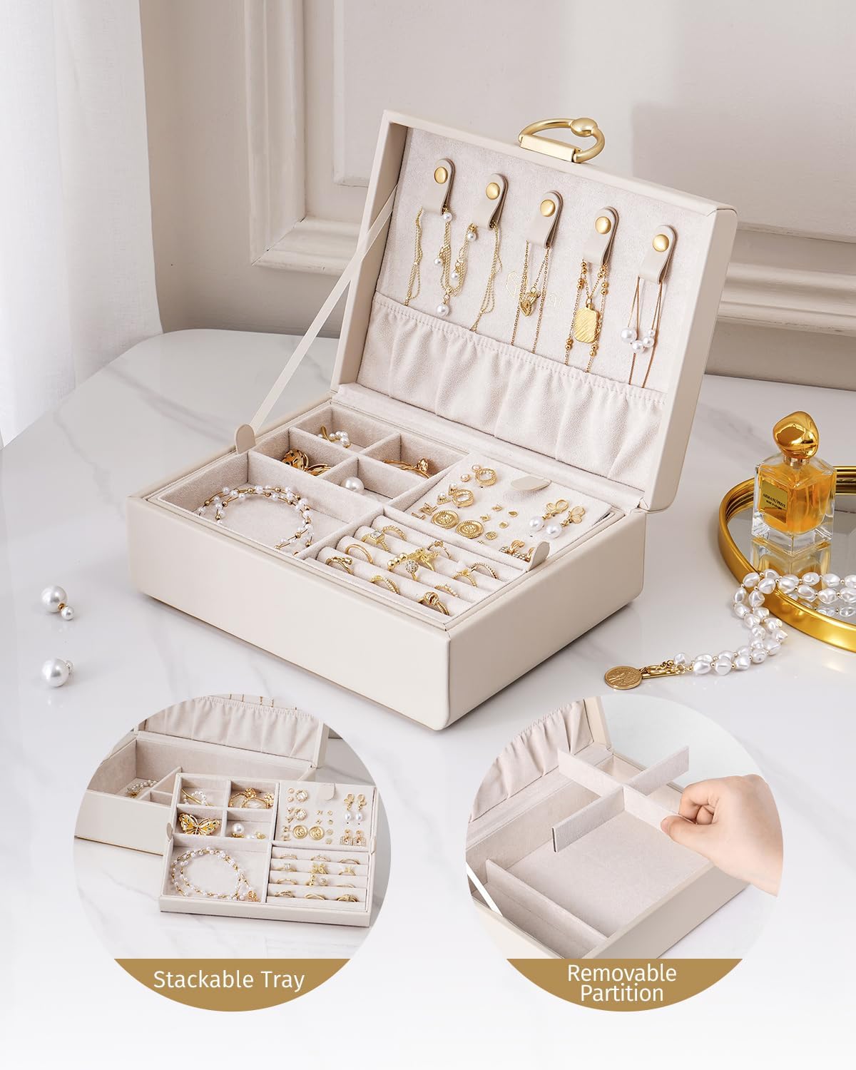Jewelry Organizer Box, 2-Layer Jewelry Box with Removable Jewelry Tray for Necklace Bracelets Earrings Rings, Modern Style Handle Design, Jewelry Storage Case for Women Gift