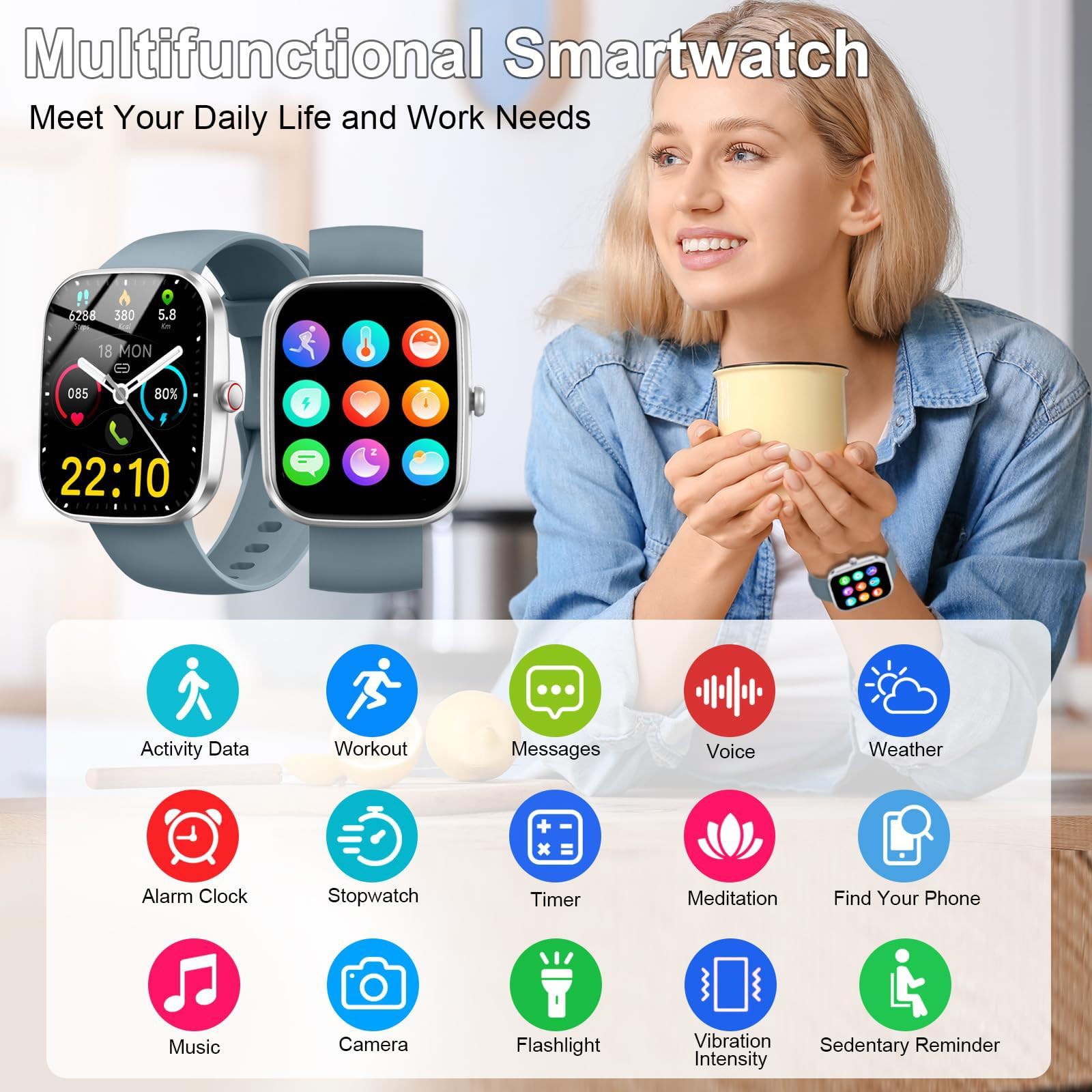 Reloj inteligente con pantalla HD, función de llamada, contador de pasos, más de 110 modos deportivos, IP68 resistente al agua para fitness y actividades al aire libre