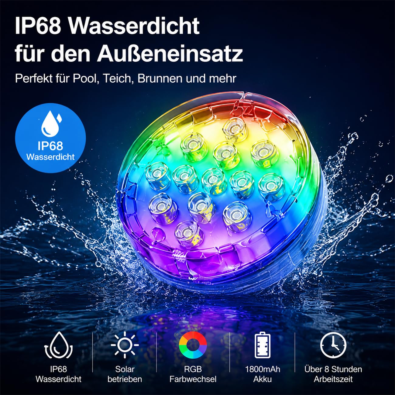 MEIION Solar RGB Gartenleuchte mit Fernbedienung, IP68 Wasserdicht, 13 LEDs, Solar Pool Licht für Außen, Teich, Terrasse, Balkon, Farbwechsel, 8+ Stunden Leuchtdauer, 1800mAh Akku