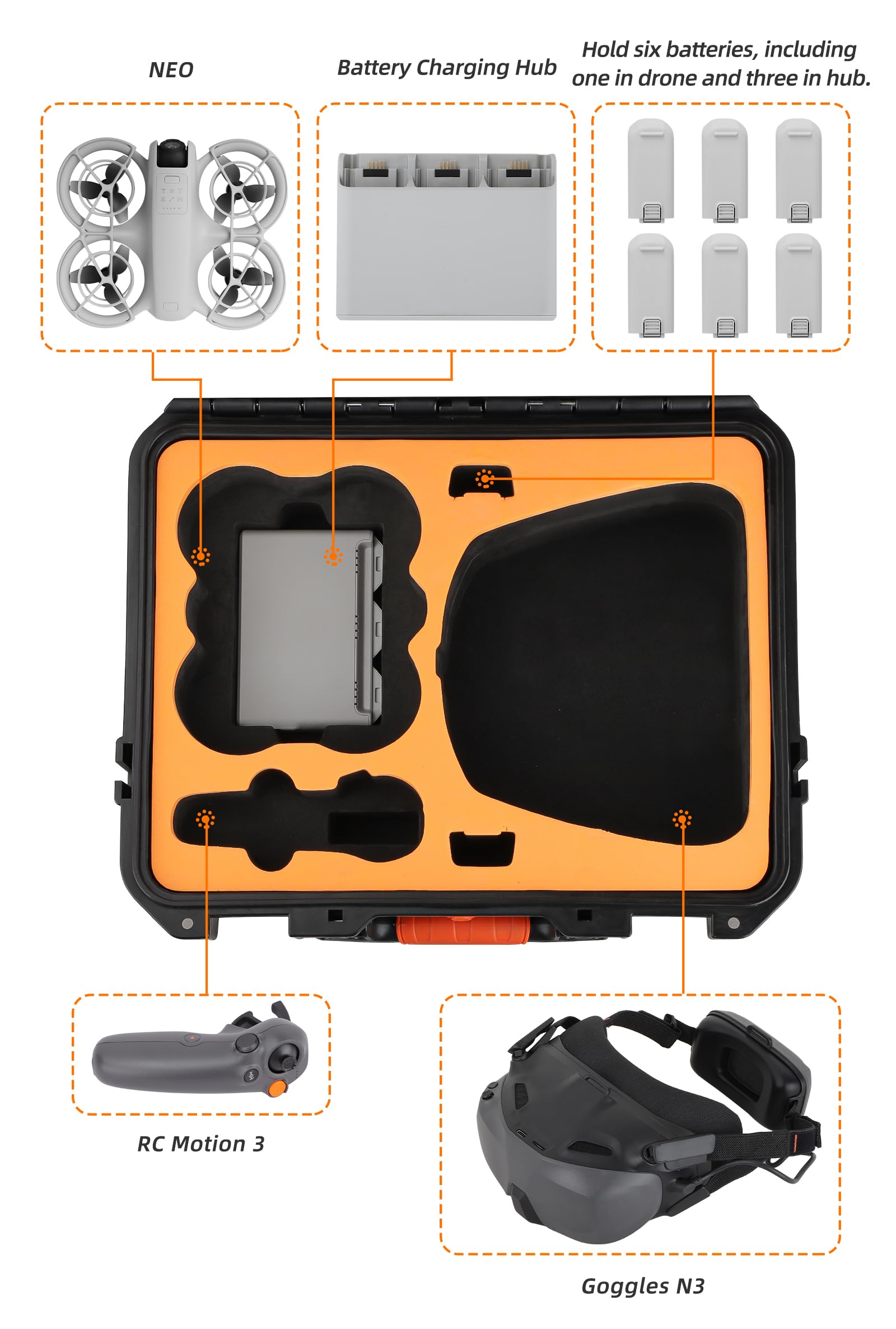 Scatola di sicurezza di grande capacità, adatta per DJI NEO, custodia protettiva per esterni, custodia da viaggio, borsa organizer per droni, custodia rigida impermeabile antiurto, Nero , Cassetta di