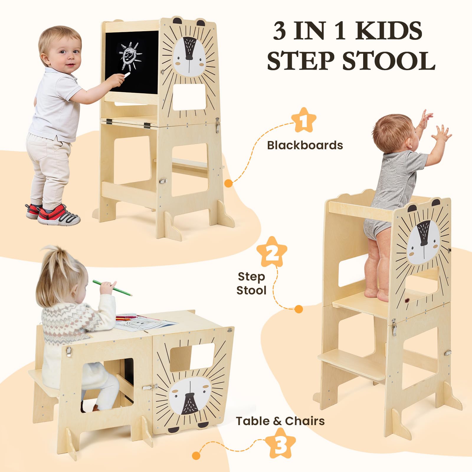 labebe lernturm für Kinder, Großformat klappbar Montessori Learning Tower, 2 in 1 lernstuhl Kinder mit Message Boards ab 1 Jahr