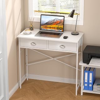 DAOUTIME 31.5 Inch Small White Writing Desk with 2 Fabric Drawers - Kids Bedroom Study Table, Dorm Computer Desk for Small Spaces