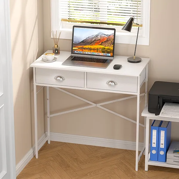 DAOUTIME Small Writing Desk for Kids Bedroom, 31.5 Inch White Computer Desk for Small Spaces, Simple Desk with 2 Fabric Drawers for Home Office, Dorm, Living Room, Home Study Table, White