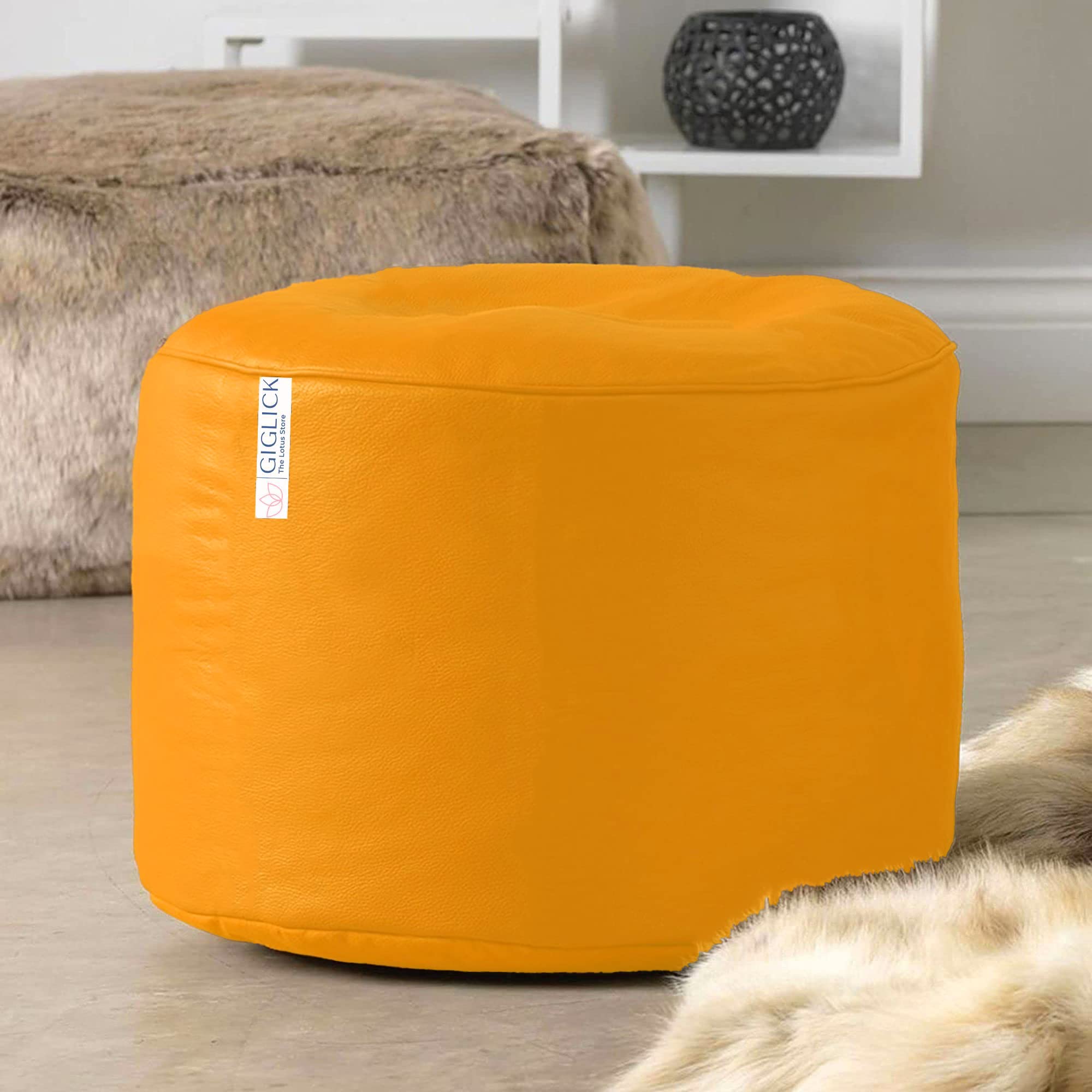 GIGLICK The Lotus Store Faux Leather Bean Bag with Beans Field Ready to Use Round Footstool, Footrest, Pouffe, Yellow Large 24cm x 44cm for Livingroom and Bedroom