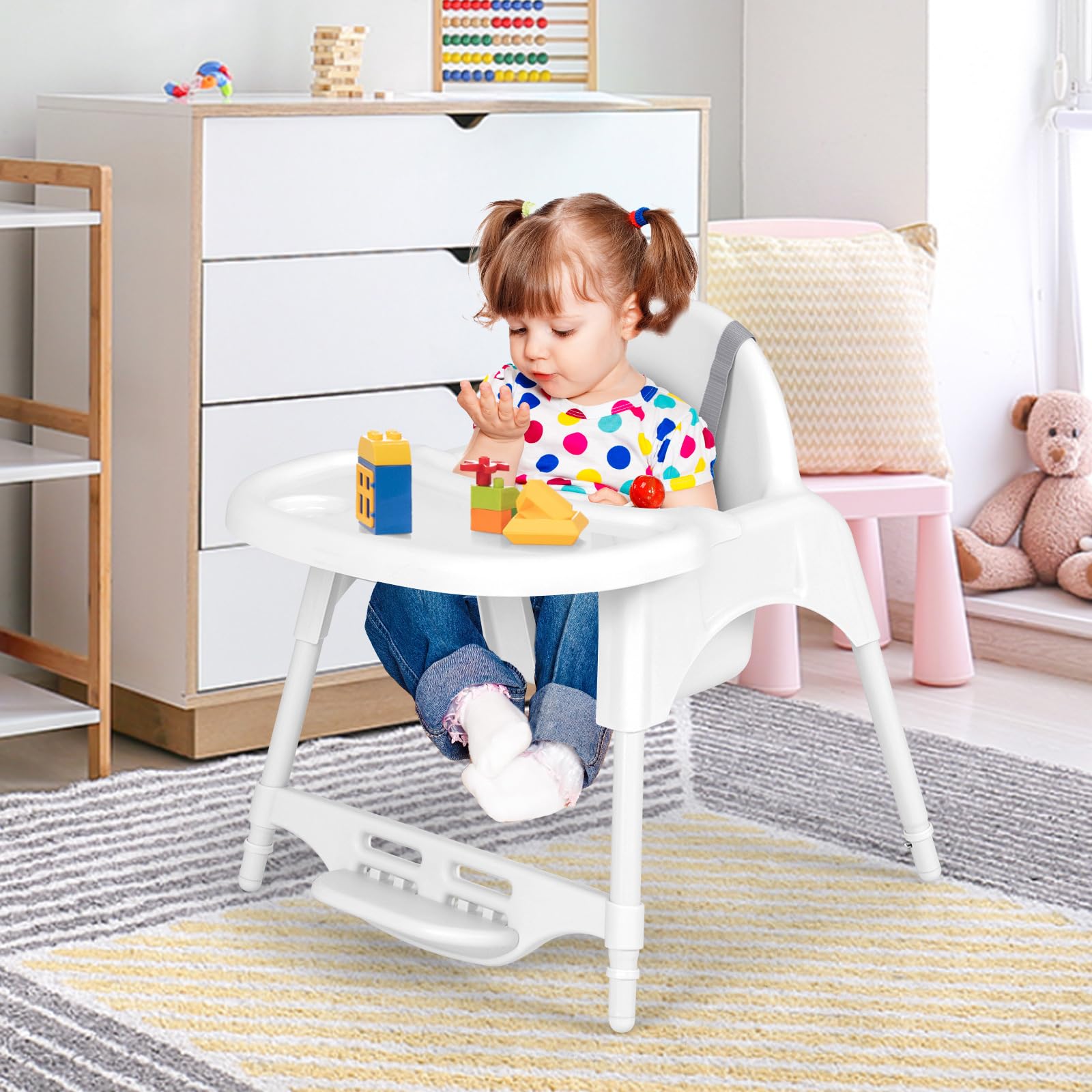 COSTWAY 4 in 1 Seggiolone per Bambini, con Vassoio Regolabile (Bianco) | Seggiolone Papa con Poggiapiedi, Sedia da Terra per Bambini 6-36 Mesi