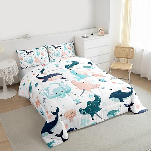 Miniatura 6 de Juego de ropa de cama Kawaii de ballena para niños, juego de edredón lindo de delfín para niñas y niños, edredón de cangrejo de dibujos animados,