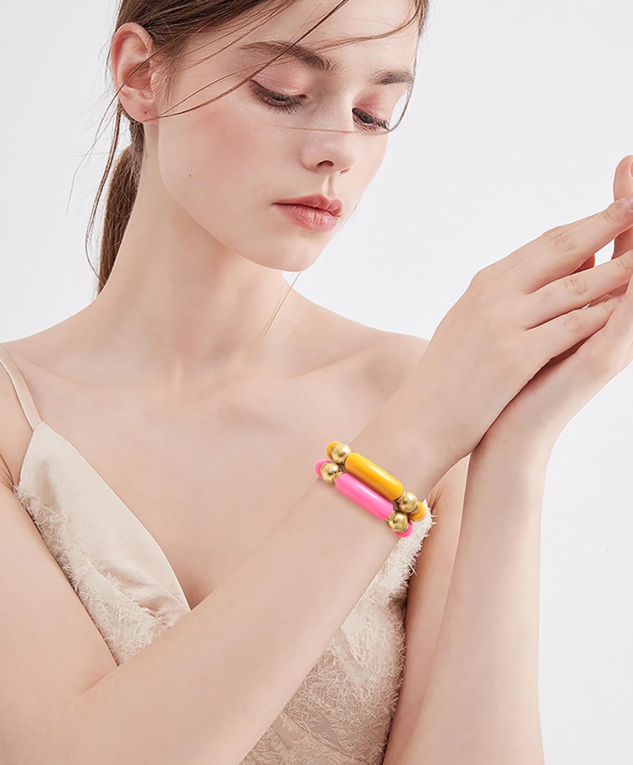 LALAPPLE Gold Plated Beaded Acrylic Bamboo Tube Bangle Bracelets for Women, Colorful Chunky Curved Tube With Gold Plated Pieces Beads Stretch Bracelet Friendship Summer Beach Jewelry - Image 6