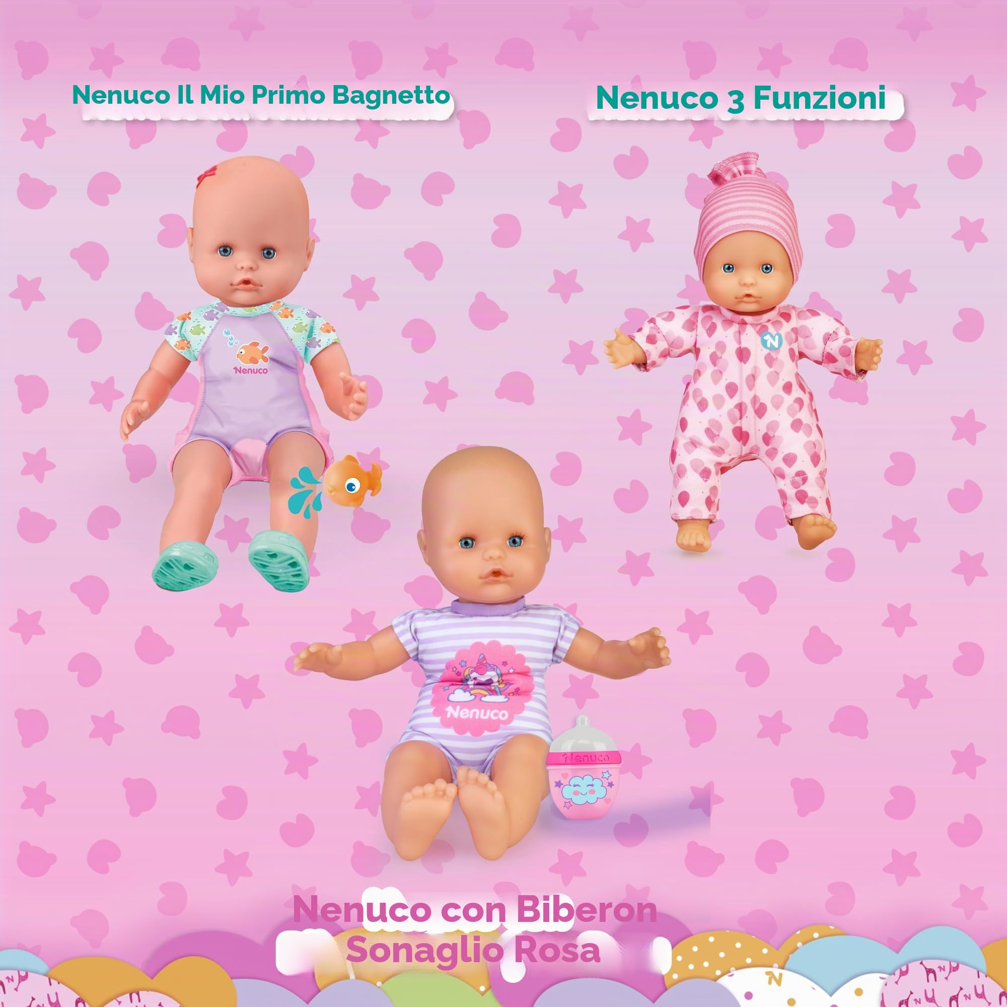 Nenuco - mio primo bagno. Bambola morbida con corpo sommergibile,costume rosa, puoi metterla nella vasca da bagno, in piscina o al mare, per bambine/I da 12 mesi, Famosa NFN88000