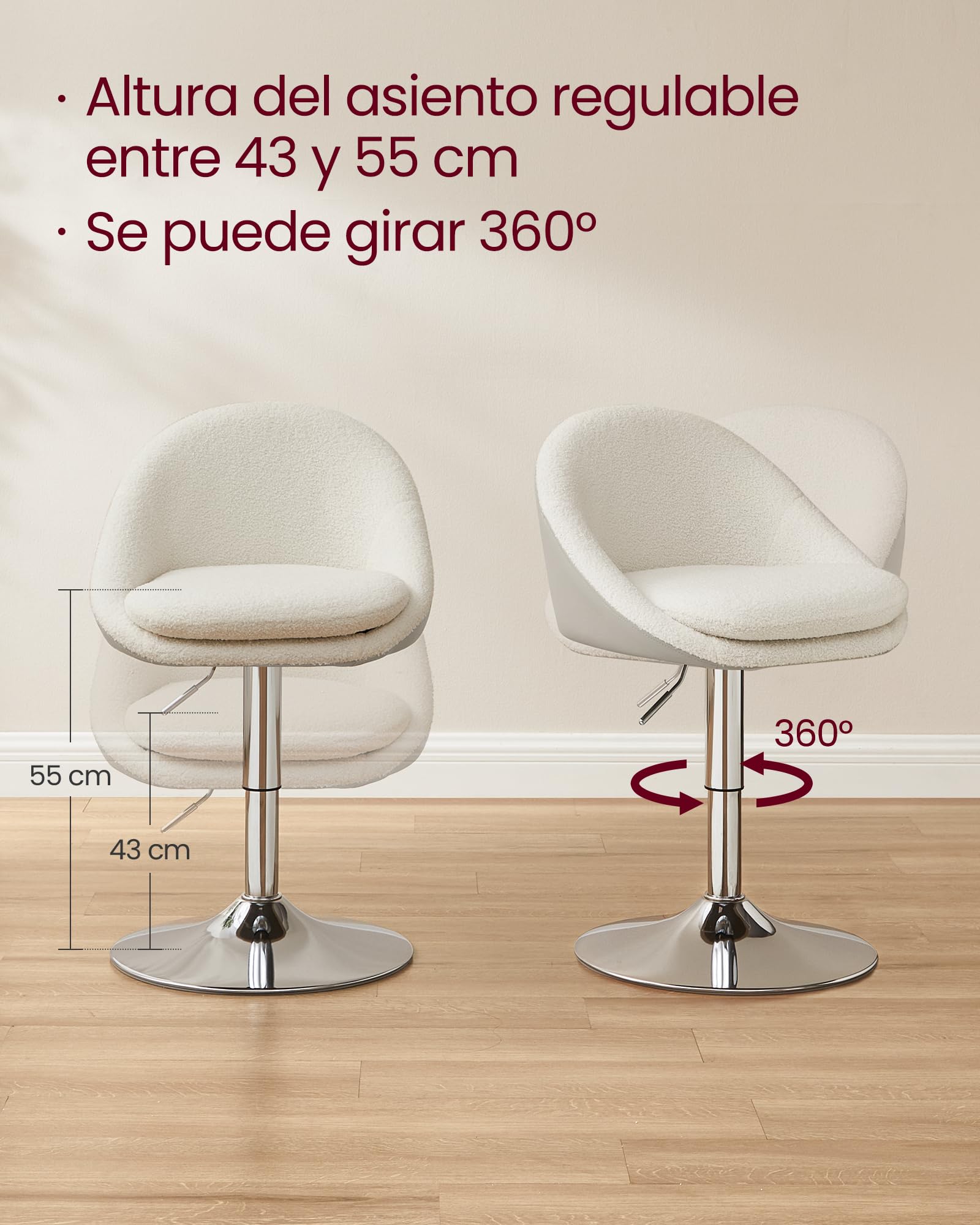 VASAGLE Silla Ajustable, Taburete de Tocador, Silla de Oficina Giratoria, Taburete de Bar con Respaldo y Base, Acero, para Mostrador, Oficina, Tocador, Comedor, Blanco Crema y Gris Plata LJB100W01
