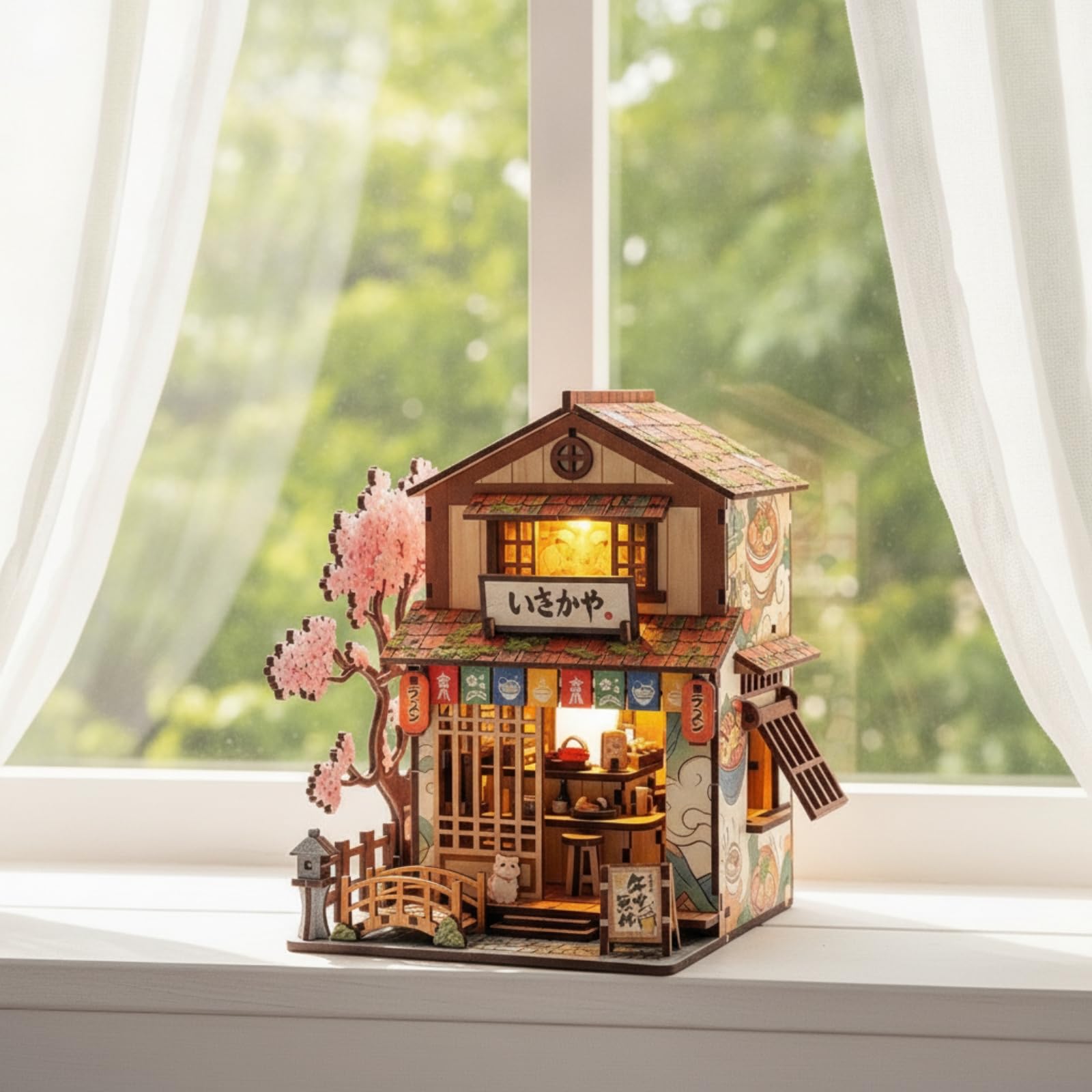 Miniatura Edificio Blocchi Costruzione Kit Modello Casa Vetrina Decorazione Tavolo Luce Calda Legno con Tetto a Strati Finestra E Porta a Insegna