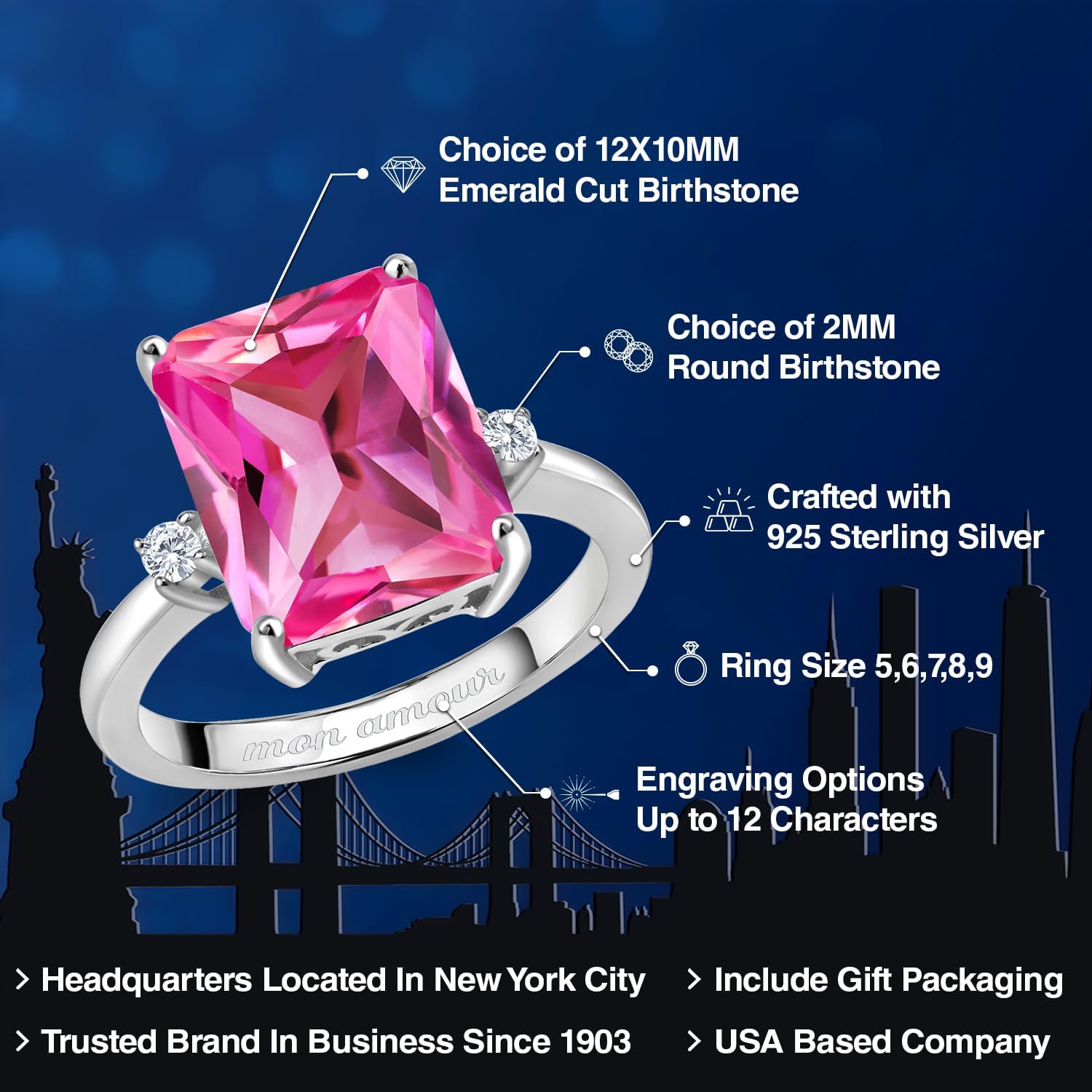 Gem Stone King Customized Personalized Engraved 3-Ston Ring For Women | 12X10MM Emerald Cut and 2MM Round Gemstone Birthstone | 925 Sterling Silver | Wedding Engagement Anniversary Ring