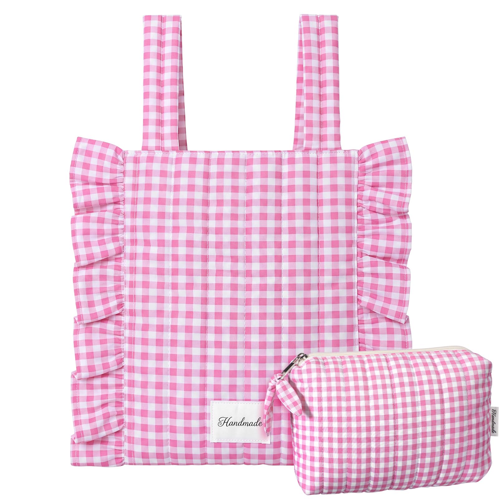 Abbylike Plaid Stroller Bag with Detachable Handle Drawstring Pocket Includes Mini Pouch Universal for Strollers, Pink White, 9.5 x 5 x 11 inches โ image 1