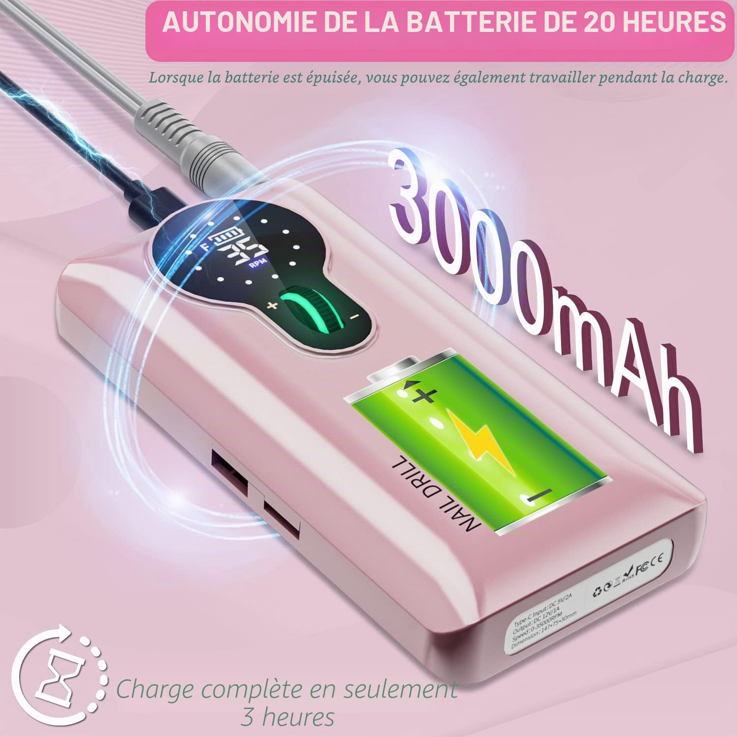 Ponceuse pour Ongles Professionnelle 35000 RPM, Autonomie 20H Lime à Ongles Électrique Rechargeable, Kit Manucure Sans Fil avec 13 Embouts & 56 Bandes Abrasives, Écran LCD, Rose (Pro)