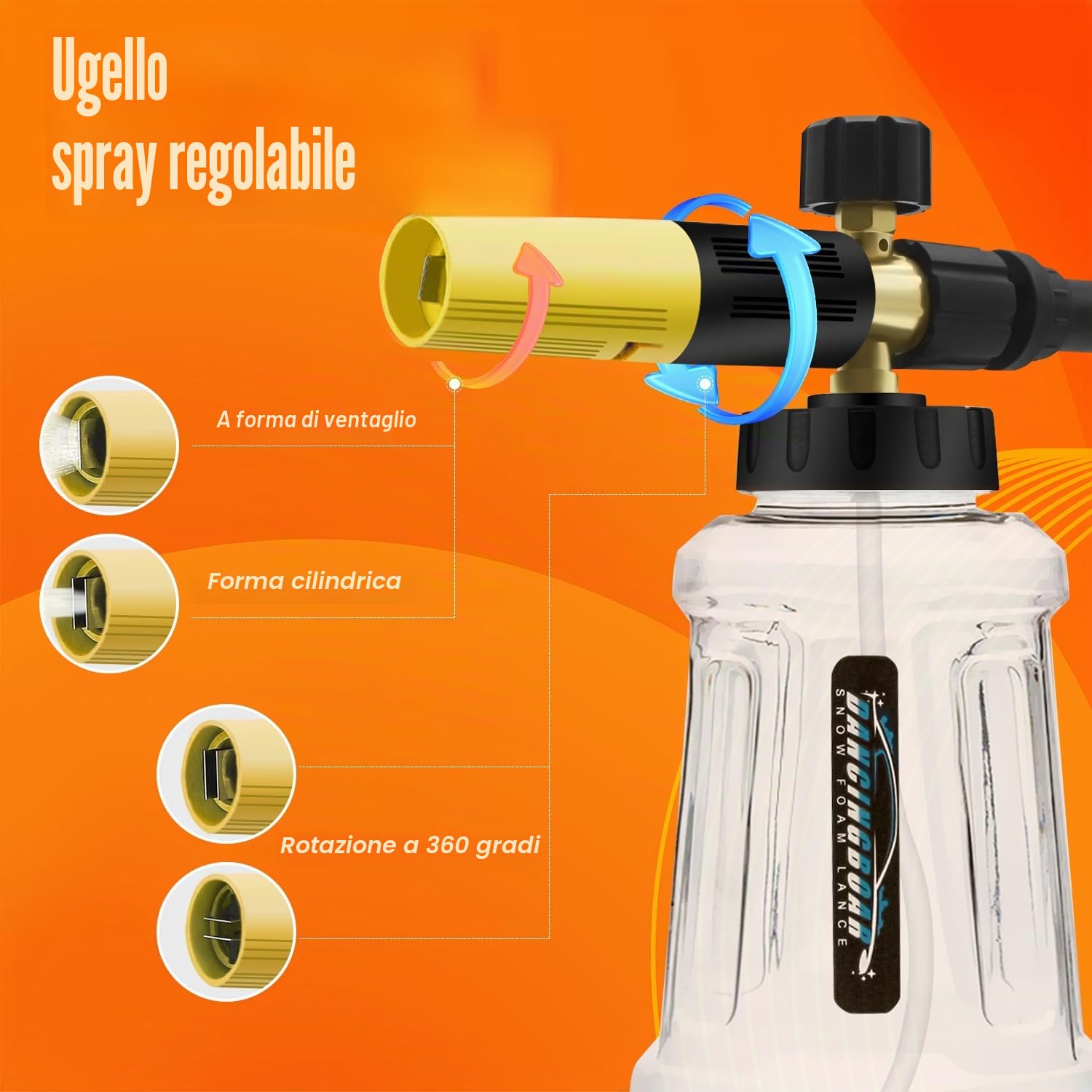 Lancia Schiuma da Neve Cannone Schiuma per Karcher Serie K K2 K3 K4 K5 K6 K7 Pistola Idropulitrice, 1L Dispenser di Sapone con Ugello Spray Regolabile Aggiornato per Autolavaggio (Nero e Giallo)
