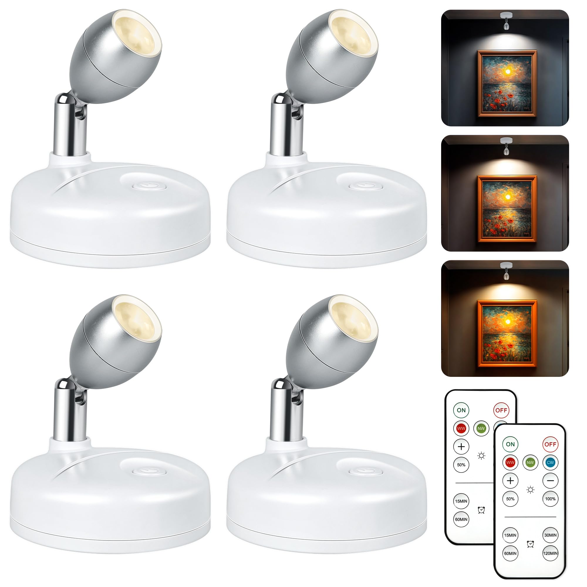 4 Pack Wireless Spot Lights Indoor, Battery Operated Uplighting, Mini Spotlight with Remote 3CCT Tree Lights Indoor, Accent Wall Lights for Display Plant Picture Dartboard