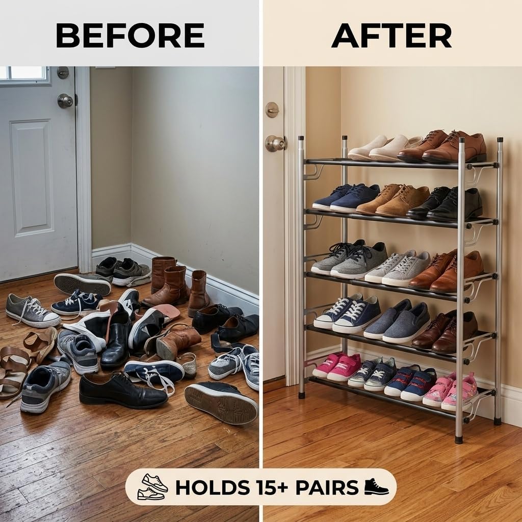 USTECH Shoe Rack Organizer, Sturdy Shoe Storage Organizer for Entryway | Expandable Metal Shelf Shoe Rack for Closet, Bedroom, Shoe Storage Shelves, Space Saver Wide | Assembled (5 Tier)