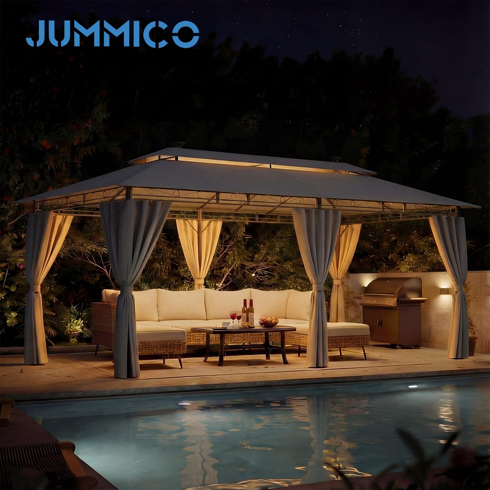 JUMMICO Tonnelle de Jardin 3x6 avec Éclairage Solaire, Toit Double Couche, Structure Métallique Robuste, Résistant au Vent, à la Pluie et aux UV, Abri pour Fêtes et Réceptions de 6 à 10 Personnes Gris